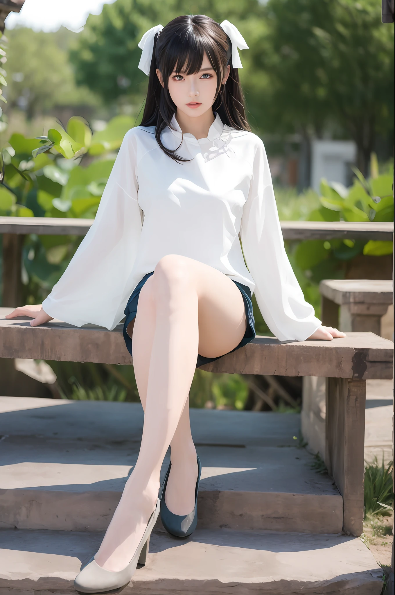 Best quality, masterpiece, illustration, very, very beautiful legs, slender beautiful legs, long legs, full body portrait, panorama, whole body, white clothes, transparent clothes, model figure, model proportions, perfect proportions, very, very beautiful legs, an extremely delicate and beautiful, very detailed, CG, unity, 8k wallpaper, amazing, fine details, masterpiece, best quality, official art, very detailed CG Unity 8k wallpaper, ridiculous, incredibly ridiculous, Huge file size, super detailed, high resolution, very detailed, beautiful detailed girl, extremely detailed eyes and face, beautiful detail eyes, light on face, movie lighting, 1 girl, looking at the audience, outdoors, Audrey, show behind Bo Audai, masterpiece, ultra-realistic, 32k, extremely detailed CG Unity 8k wallpaper, best quality