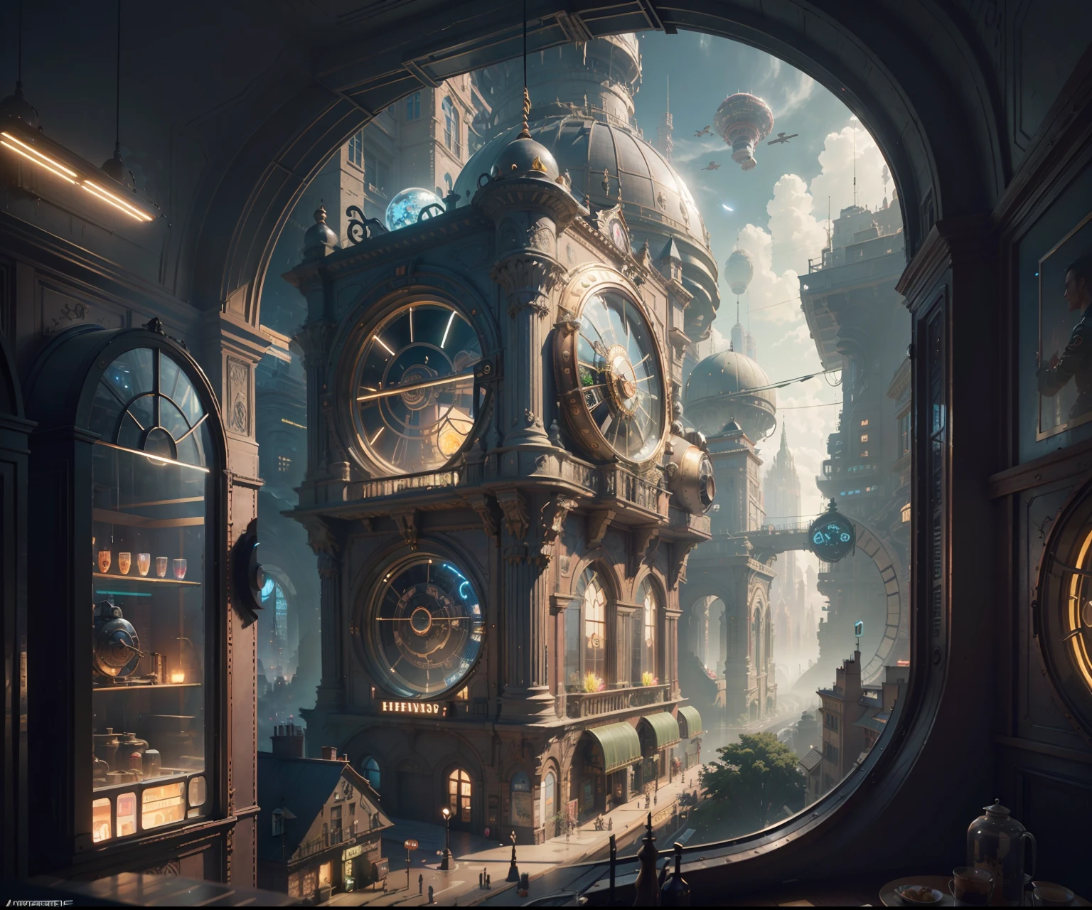 There is an ornate bedroom in the style of Versailles with a big historical window. A hyperrealistic cyberpunk dreamscape cityscape is in the window. The cityscape is extremely detailed with many lights and LED neon colors and buildings of many different sizes. The cityscape has all colors of the rainbow and has hires interesting flying steampunk dirigibles. A giant steampunk standalone clock is seen ((through the window)). The entire artwork is very realistic with many small details and enhancements. 3D render beeple, artstation and beeple highly, in fantasy sci-fi city, inspired by beeple, 8k, unreal engine unity CGI. Masterpiece and popular. Add many fantastical and beautiful details and nuances.