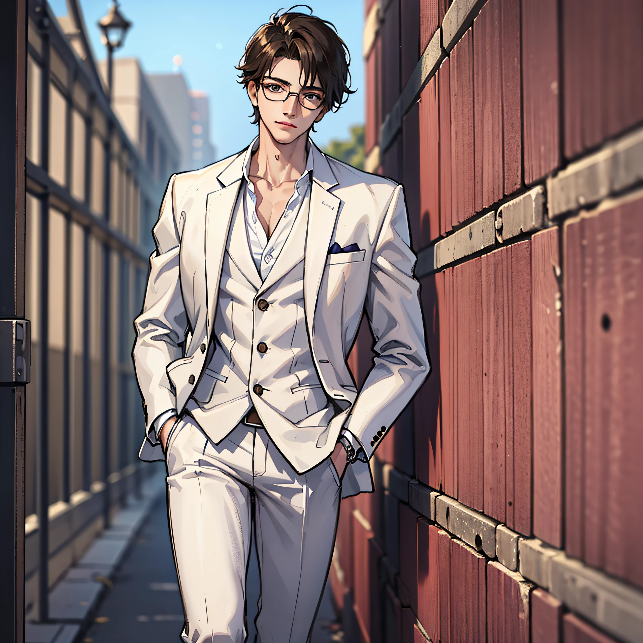 A young man in a white suit, wearing glasses, at the prison gate, high resolution, 4K