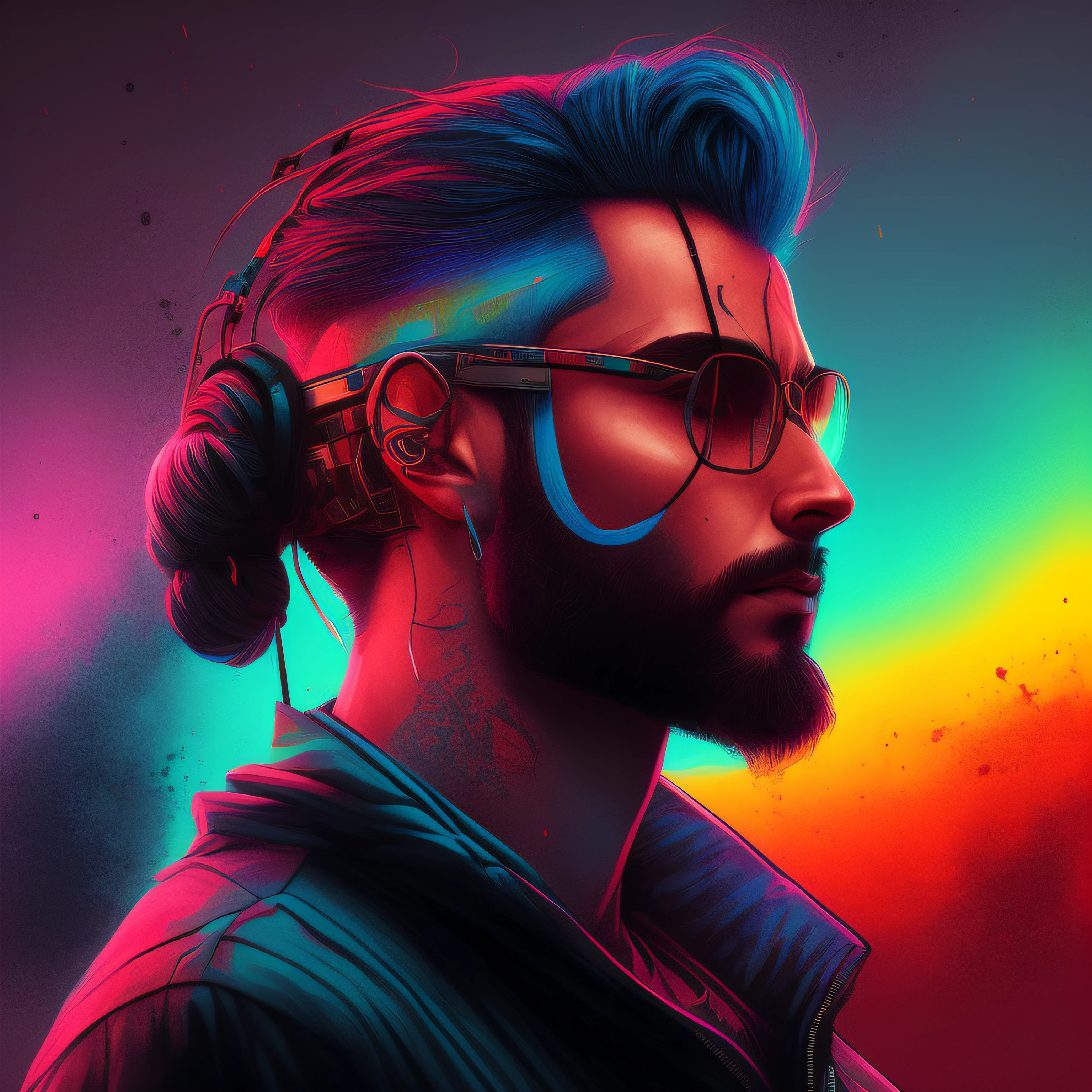 Man, hair tied, cyberpunk style portrait, futuristic (neon: 1.1) reflective wear, science fiction. artgern, art, illustration, ((dark environment)), ((vegnette)), ((HDR)) ((minimal palette colors)), soft tones, soft colors, faint colors, calm, highly detailed pastel colors, intricate details