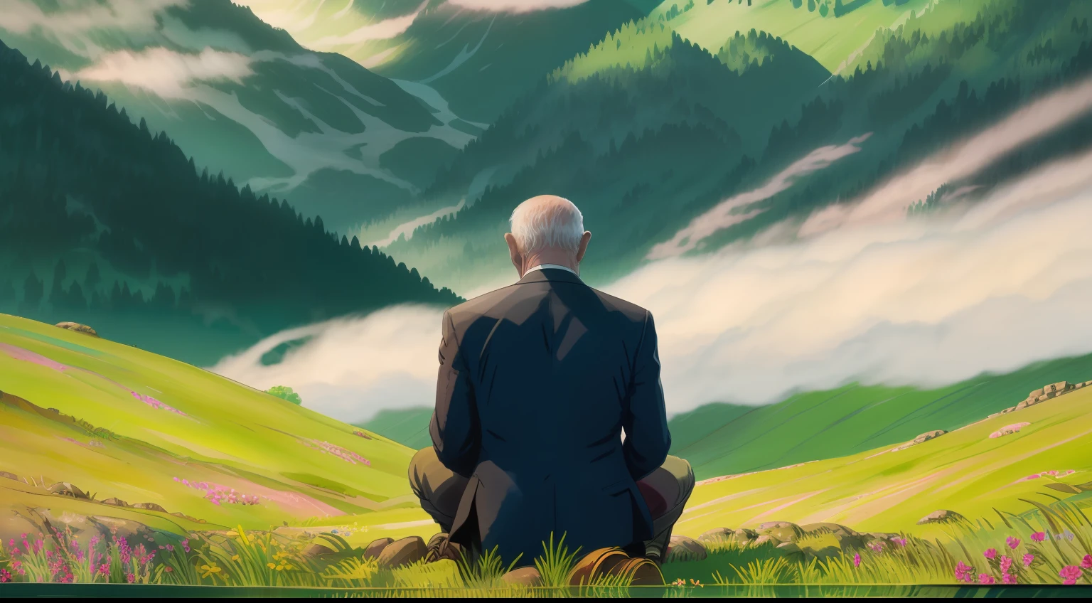 A gentleman, in his 60s, kneeling and with his hands clasped together in prayer, demonstrating devotion and faith, in the grass of a field, with mountains in the background at dawn with rays of sunshine piercing through the clouds