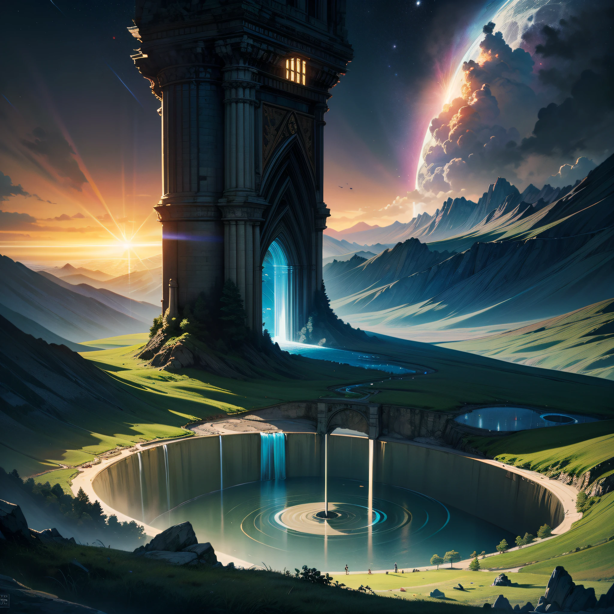 (Award Winning Digital Digital Artwork:1.3), (Masterpiece, Ultra-Detailed:1.3), Create a captivating digital artwork that showcases a breathtaking Earth landscape with a mesmerizing portal to another dimension in the sky. Transport viewers to a world of wonder and intrigue as they gaze upon the beauty of our planet and the mysterious gateway beyond. The Earth landscape should be the centerpiece of the composition, radiating natural beauty and diversity. Depict rolling hills, majestic mountains, vast oceans, lush forests, and expansive skies. Showcase the rich colors and textures of the land, highlighting the intricate details of the terrain. Above the Earth, position a portal to another dimension, an ethereal gateway into the unknown. Design the portal with a sense of otherworldliness, using a combination of vibrant colors, intricate patterns, and mesmerizing energy. Create an aura of mystery and allure, enticing viewers to wonder what lies beyond. Consider incorporating elements that represent the merging of Earth and the other dimension. For instance, show celestial objects or fantastical creatures transitioning through the portal, bridging the gap between the two realms. This blending of realities will add depth and intrigue to the artwork. Utilize lighting techniques to enhance the atmosphere and create a sense of drama. Illuminate the Earth landscape with warm, golden light that bathes the scenery, evoking a feeling of serenity and harmony. Illuminate the portal with a soft, otherworldly glow, casting an enchanting radiance across the scene.