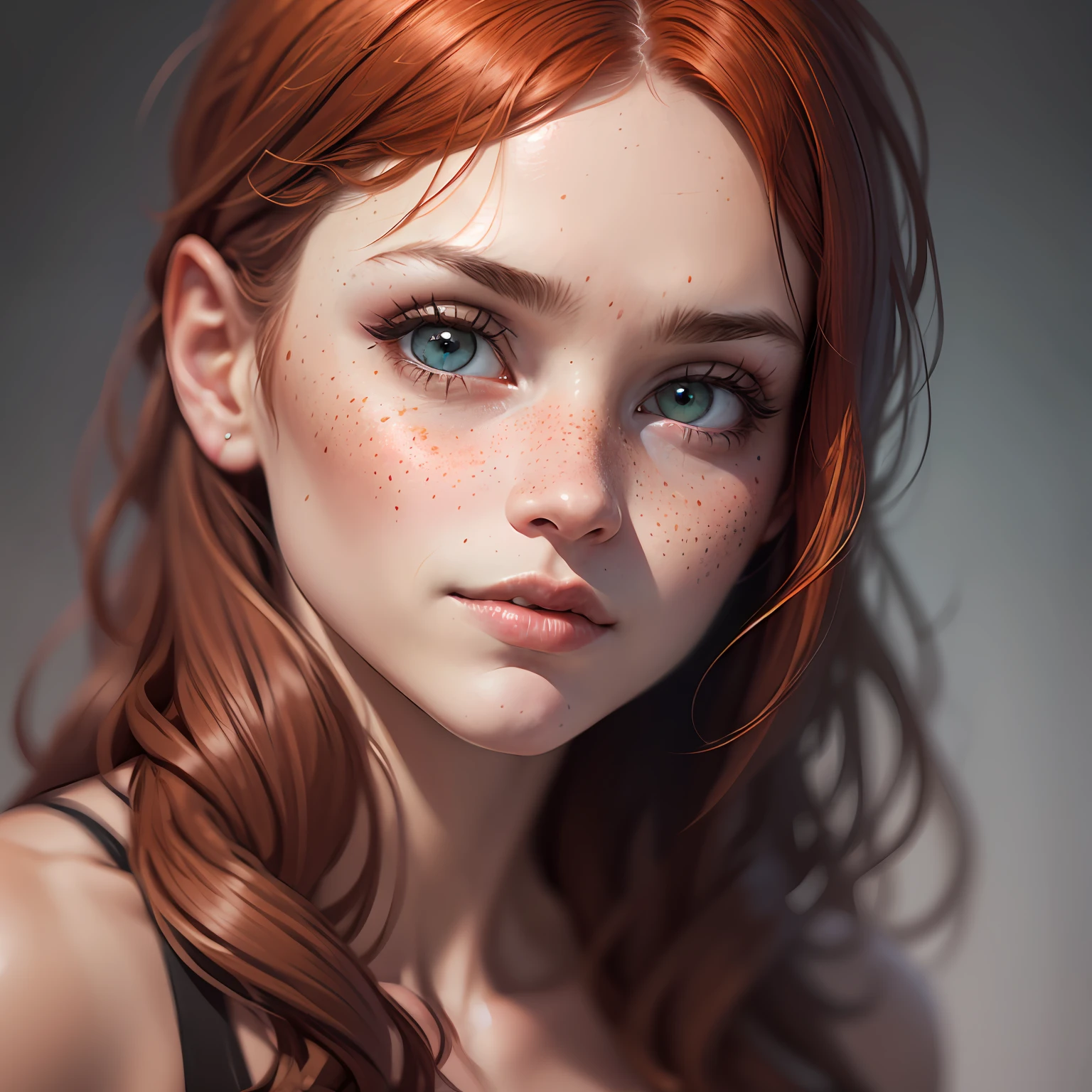 High-detail RAW color closeup portrait of beautiful 30-year-old woman ((cute fun, redhead, slim) with angular face, female, big eyes)), ((wearing rags, damaged)) cover, realistic, symmetrical, highly detailed, hard lighting, cinematic lighting, art by artgerm and greg rutkowski and alphonse mucha, serious eyes, contrast, textured skin, cold skin pores, hasselblad,  45 degrees, hard light, gigapixel, visible feet, flawless face, freckles, perfect shaved --auto