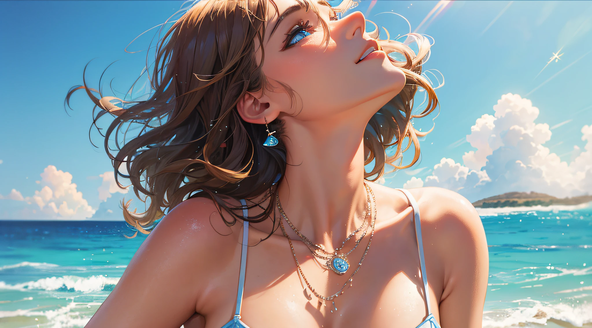 masterpiece,aquarela,iluminação perfeita, sparkling water, surfing,bright day,brown skin,sunlight,fun day,bem detalhado,beautiful haircut, necklace,blue eyes --auto --s2
