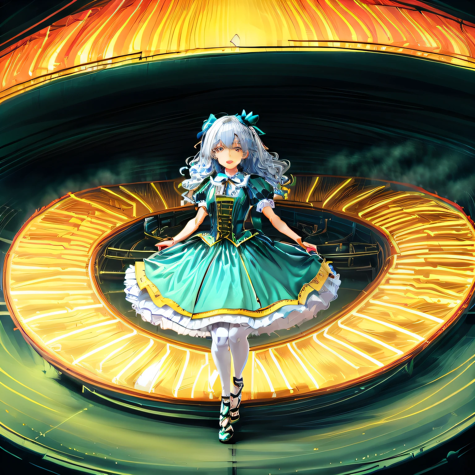 anime girl in green dress standing in a circular light, splash art anime loli, digital illustration radiating, loli, digital art on pixiv, loli in dress, official artwork, high detailed official artwork, cushart krenz key art feminine, pixiv contest winner, anime style 4 k, from touhou, portrait of magical lolita girl
