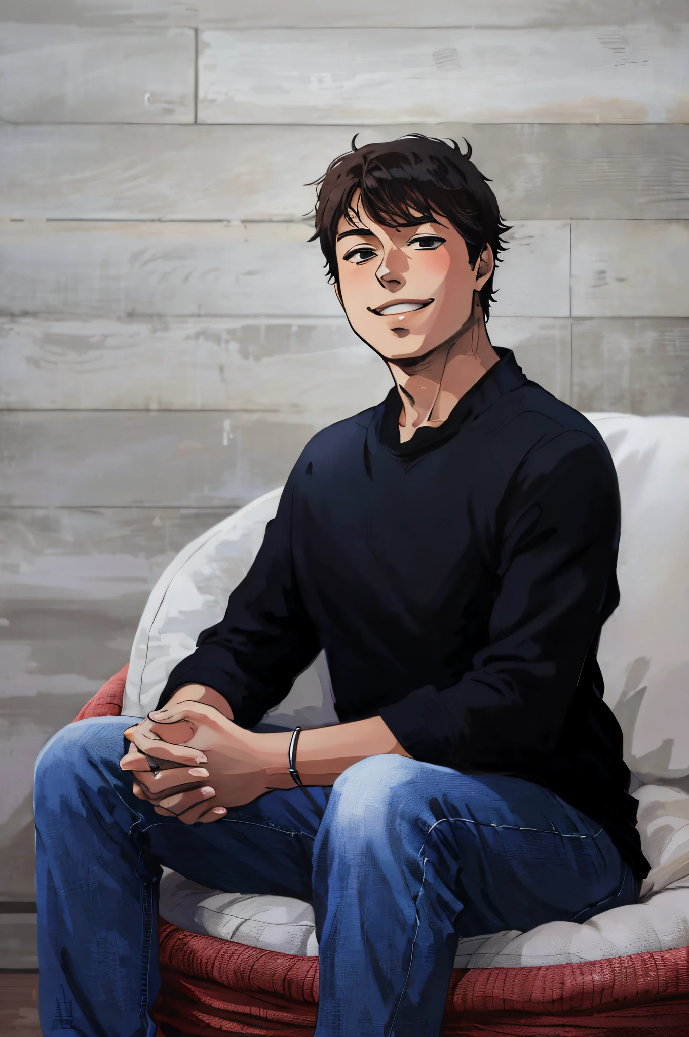 happy anime style, profile picture, white teenager sitting on a beanbag