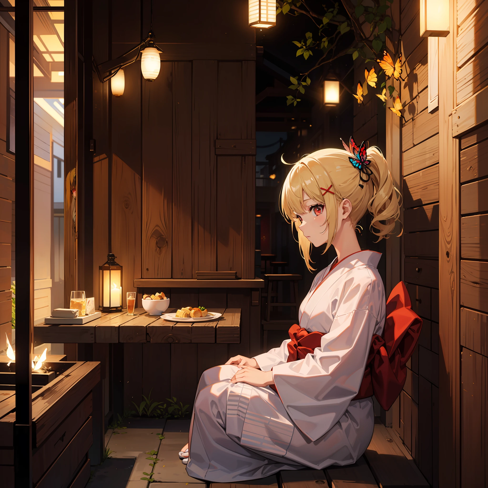 blonde girl, solo, alone, red eyes, spa town, yukata, sitting, butterfly hair ornament