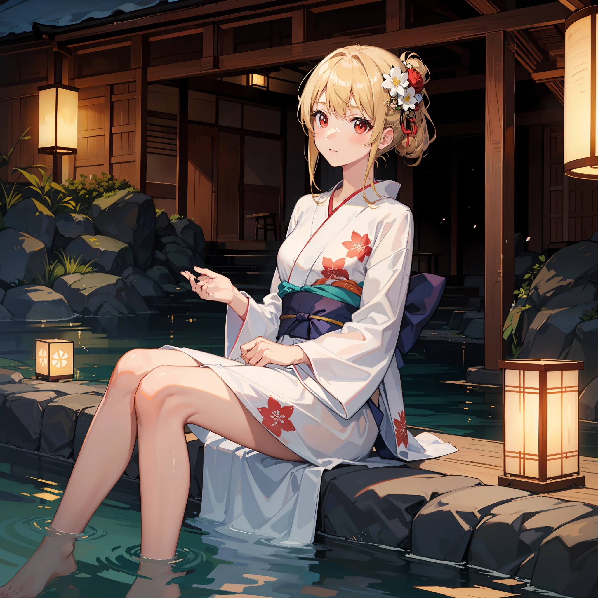 blonde girl, solo, alone, red eyes, onsen town, yukata, sitting position, flowers, beautiful hair ornament