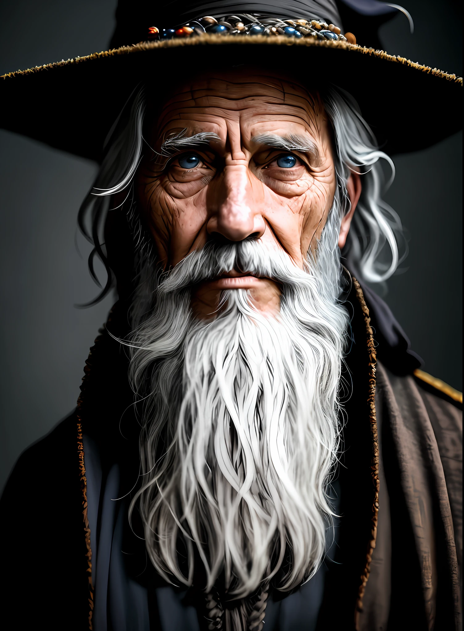A portrait of a wizard, bearded, wrinkled, weathered, with piercing eyes, detailed face, high details, photography, dark studio, rim light, Nikon D850, 50mm, f/1.4
