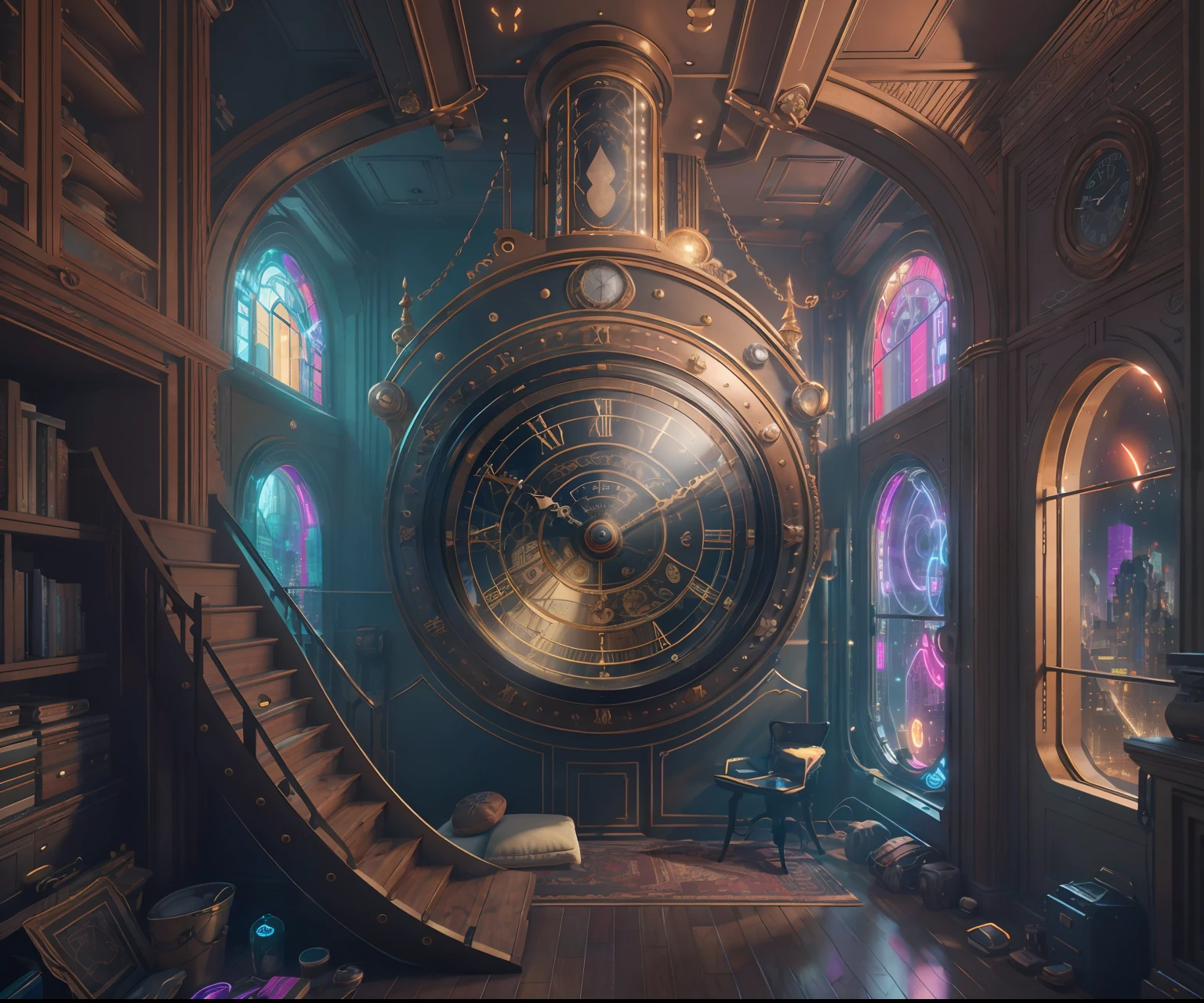 There is an ornate bedroom in the style of Versailles with a big historical window. A hyperrealistic cyberpunk dreamscape cityscape is in the window. The cityscape is extremely detailed with many lights and LED neon colors and buildings of many different sizes. The cityscape has all colors of the rainbow and has hires interesting flying steampunk dirigibles. A giant steampunk standalone clock is seen ((through the window)). The entire artwork is very realistic with many small details and enhancements. 3D render beeple, artstation and beeple highly, in fantasy sci-fi city, inspired by beeple, 8k, unreal engine unity CGI. Masterpiece and popular. Add many fantastical and beautiful details and nuances.