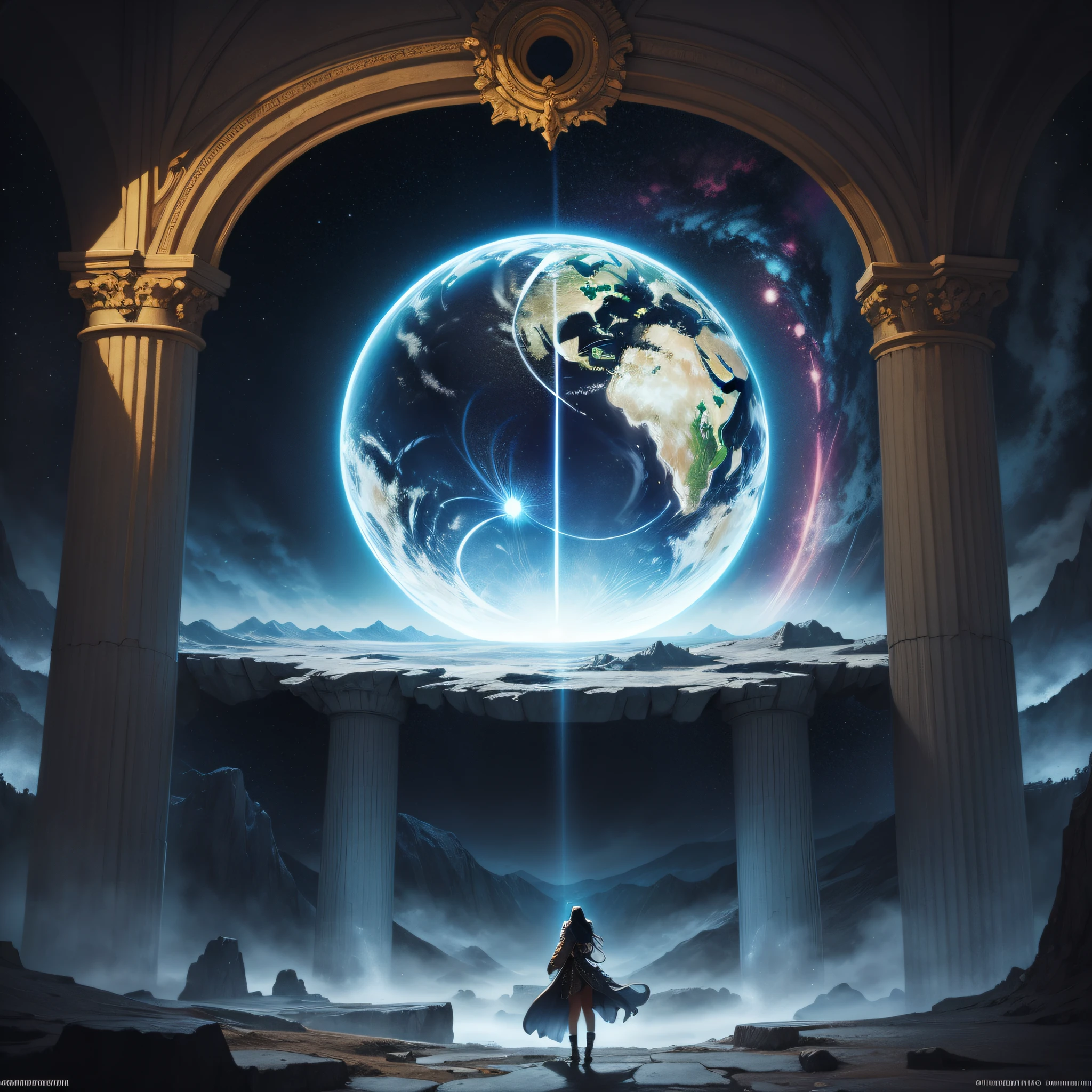 (Award Winning Digital Digital Artwork:1.3), (Masterpiece, Ultra-Detailed:1.3), Create a captivating digital artwork that showcases a breathtaking Earth landscape with a mesmerizing portal to another dimension in the sky. Transport viewers to a world of wonder and intrigue as they gaze upon the beauty of our planet and the mysterious gateway beyond. The Earth landscape should be the centerpiece of the composition, radiating natural beauty and diversity. Depict rolling hills, majestic mountains, vast oceans, lush forests, and expansive skies. Showcase the rich colors and textures of the land, highlighting the intricate details of the terrain. Above the Earth, position a portal to another dimension, an ethereal gateway into the unknown. Design the portal with a sense of otherworldliness, using a combination of vibrant colors, intricate patterns, and mesmerizing energy. Create an aura of mystery and allure, enticing viewers to wonder what lies beyond. Consider incorporating elements that represent the merging of Earth and the other dimension. For instance, show celestial objects or fantastical creatures transitioning through the portal, bridging the gap between the two realms. This blending of realities will add depth and intrigue to the artwork. Utilize lighting techniques to enhance the atmosphere and create a sense of drama. Illuminate the Earth landscape with warm, golden light that bathes the scenery, evoking a feeling of serenity and harmony. Illuminate the portal with a soft, otherworldly glow, casting an enchanting radiance across the scene.
