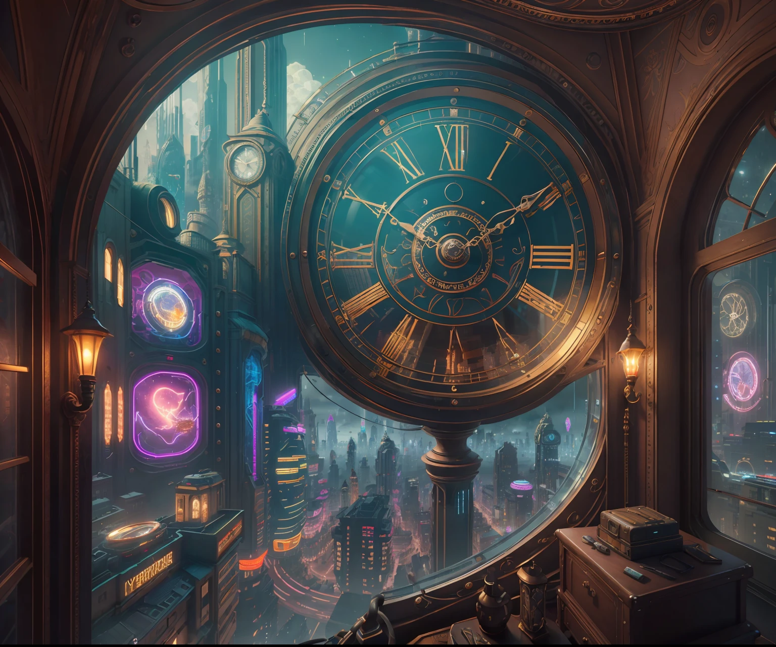 There is an ornate bedroom in the style of Versailles with a big historical window. A hyperrealistic cyberpunk dreamscape cityscape is in the window. The cityscape is extremely detailed with many lights and LED neon colors and buildings of many different sizes. The cityscape has all colors of the rainbow and has hires interesting flying steampunk dirigibles. A giant steampunk standalone clock is seen ((through the window)). The entire artwork is very realistic with many small details and enhancements. 3D render beeple, artstation and beeple highly, in fantasy sci-fi city, inspired by beeple, 8k, unreal engine unity CGI. Masterpiece and popular. Add many fantastical and beautiful details and nuances.