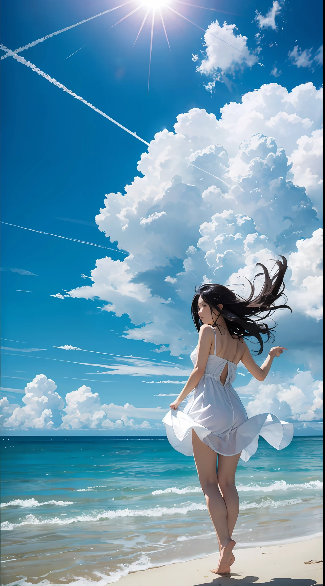 Blue sea, blue sky, white cumulonimbus, contrails, shining sun, white waves swaying in the wind, photo quality, live action, reality, transparency, realistic depiction, 8K quality, UHD, DSLR, high quality, film grain, fujifilm XT3, girl in white camisole dress, standing figure, barefoot, hair swaying in the wind, hair up to shoulders, big, big eyes,