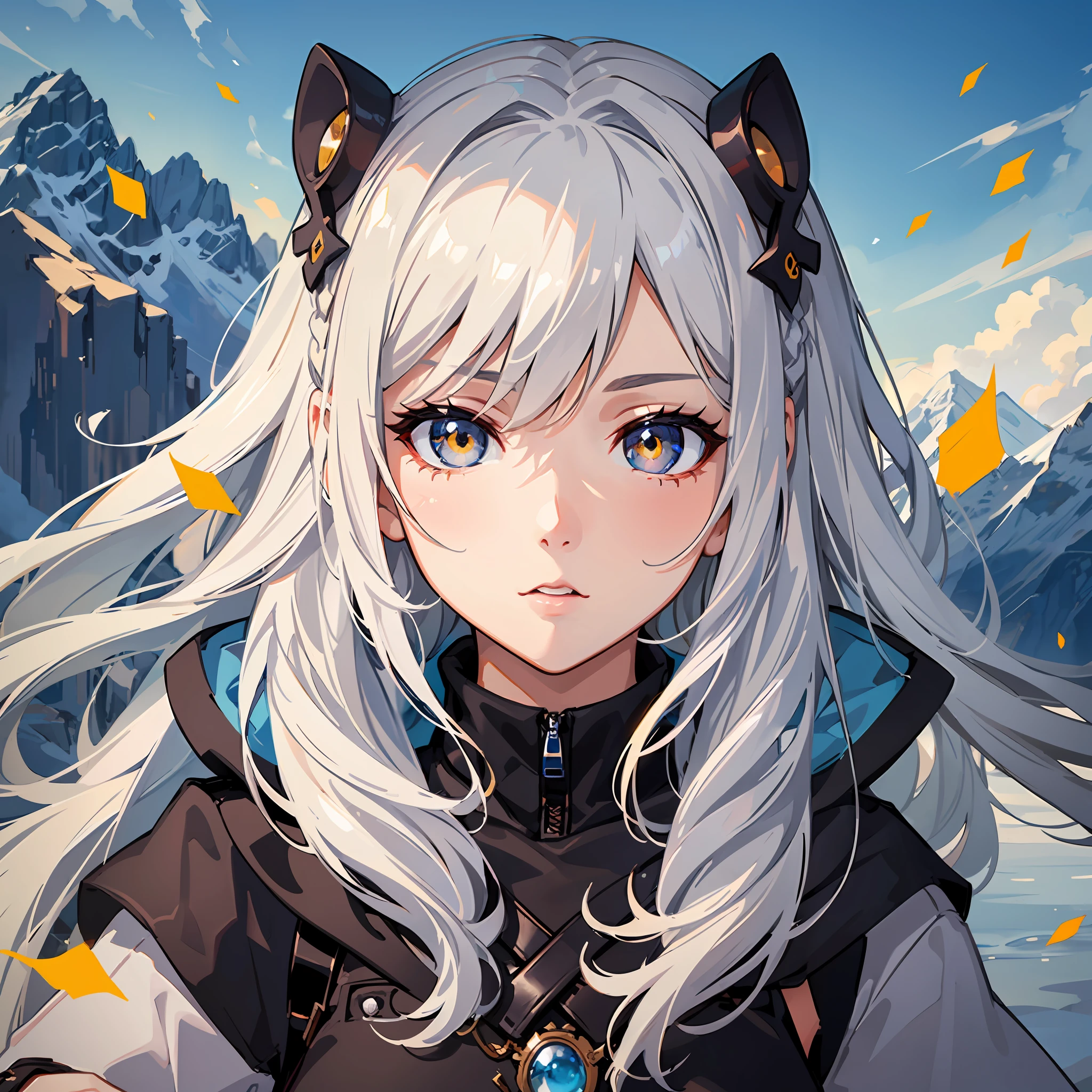 A girl with shimmering yellow eyes and white hair impresses with her cuteness, extremely detailed eyes with symbols, different eyes, (eyes with symbols: +_+:1.3), (different eyes), (mountain background with cinematic lighting)[0.9]