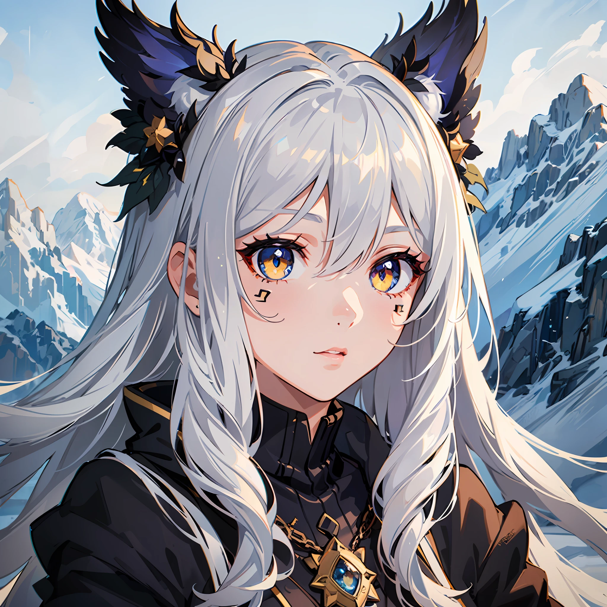 A girl with shimmering yellow eyes and white hair impresses with her cuteness, extremely detailed eyes with symbols, different eyes, (eyes with symbols: +_+:1.3), (different eyes), (mountain background with cinematic lighting)[0.9]