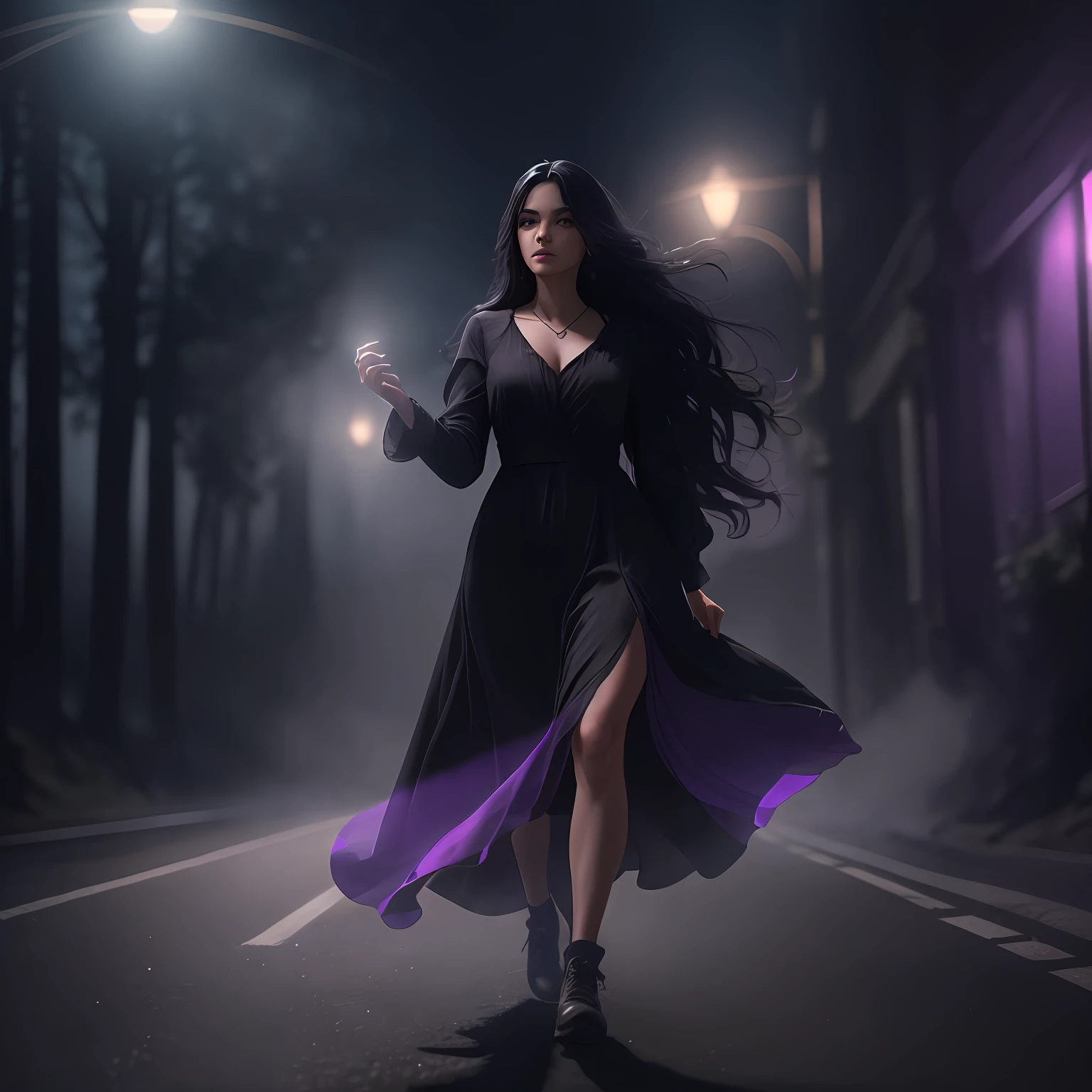 Woman walking head-on down a road at night, with fog and shadows, wavy and long black hair, detailed hand and fingers, high quality, ultra-detailed, 8k, masterpiece, (volumetric lighting), black magic, fanciful, lilac colors, purple, black and vivid shadows on the woman's return. --auto --s2
