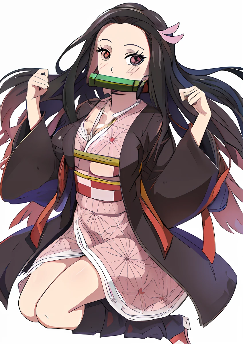 Anime girl with long black hair and pink eyes with green object, Nezuko-chan, fan art, anime moe art style, clean detailed anime art, marine Kitagawa fan art, official art, anime style illustration, cute girl anime visuals, ((highest quality, 8k, masterpiece: 1.3)), beautiful woman with perfect figure (realistic, photorealistic: 1.4) (Huge breasts, Huge breasts: 1.4), Beautiful, Seductive smile, (Bright: 1.4), Pretty Woman, (Highly Detailed Face: 1.2), Detailed Eyes, Double Eyelids, White V-Neck Shirt, Cleavage