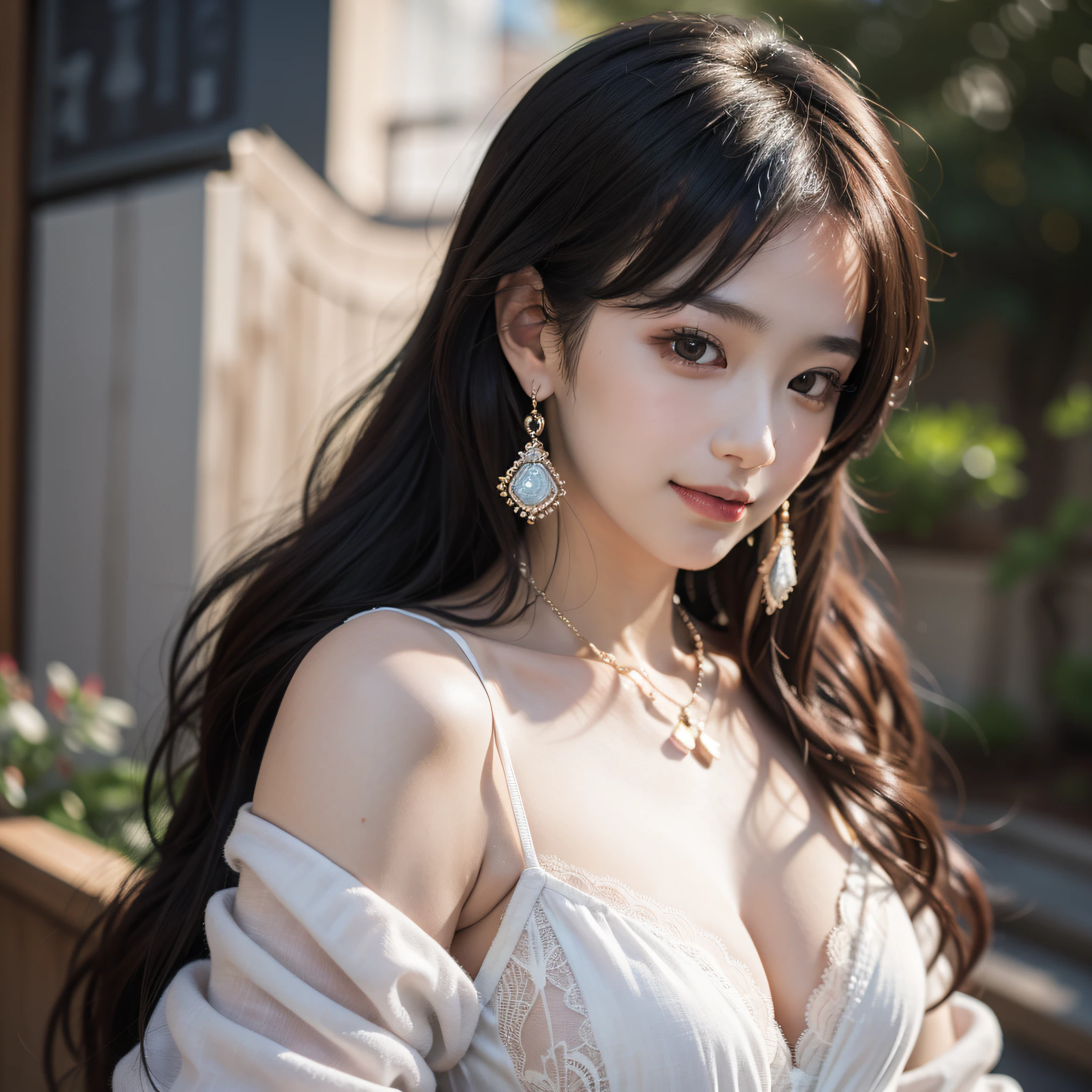 ((Best Quality, 8K, Masterpiece: 1.3)), 1girl, 1 girl, blush, (seductive smile: 0.8),, hair accessory, necklace, jia, tyndall effect, realistic, light edge, two-tone lighting, park, garden, 8K ultra hd, DSLR, high quality, volumetric lighting, voyeur, photo, high resolution, 4k, 8k, background bokeh, gorgeous clothes, earrings, 35mm, high detail hair, upper body, bust, portrait, ultra-clear face, slender beauty, (long hairstyle casual, :1.2), Gorgeous dress: 1.1, Super fine face, Delicate eyes, Double eyelids, black and white mixed clothes, necklaces, earrings, (dresses, shirts,) light and shadow, high detail light and shadow, lace edges, Genshin, (Kamisato Ayaka, walnut, Ganyu)