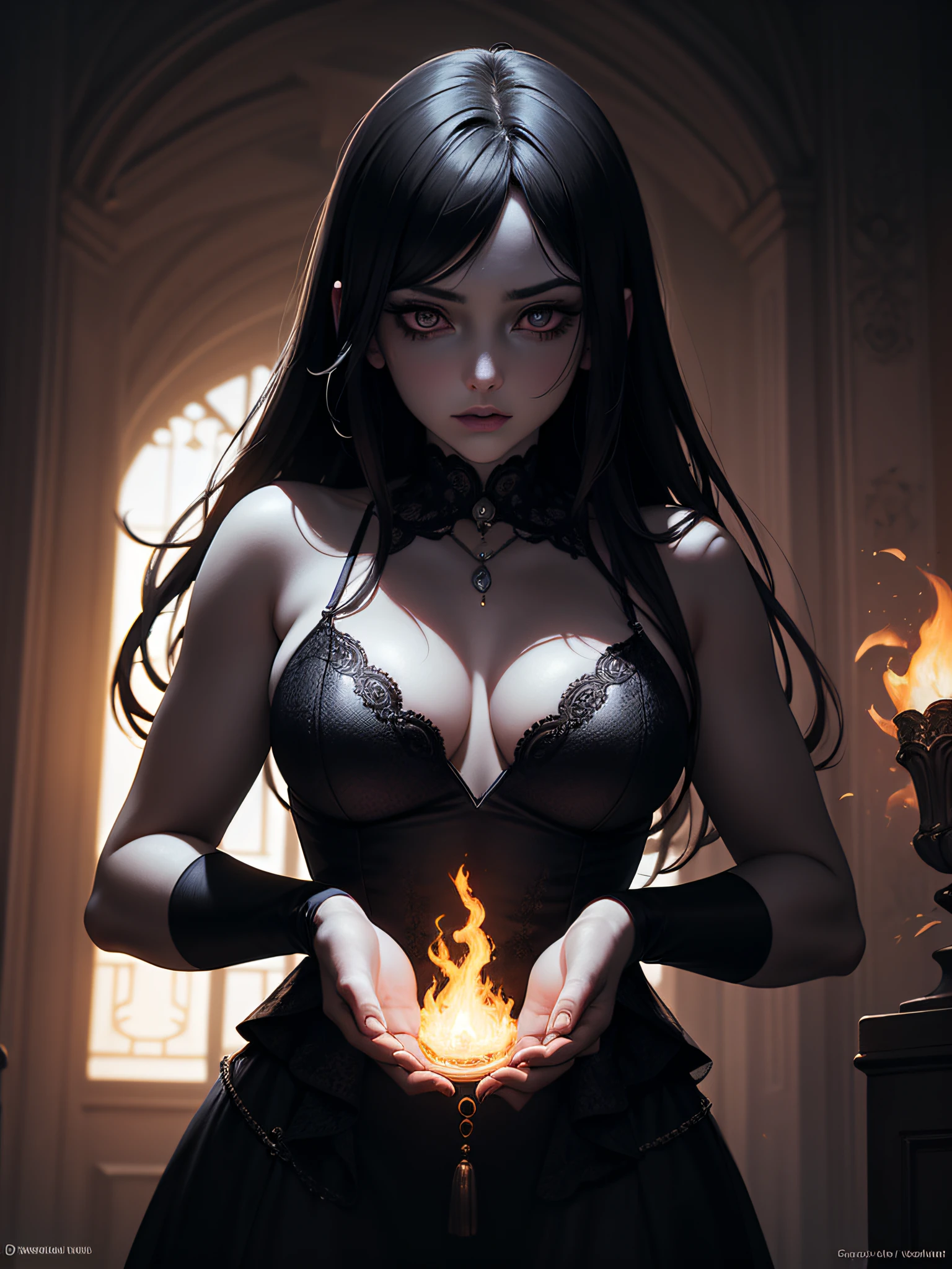 (Award Winning Digital Digital Artwork:1.3), (Masterpiece, Ultra-Detailed:1.3), scene where a beautiful magician harnesses the power of magic within a gloomy castle. Create an enchanting artwork that combines elements of mystique, darkness, and wonder. Position the magician as the central figure, radiating an aura of both beauty and mystery. Depict her with flowing robes adorned with intricate patterns and symbols, signifying her mastery of the arcane arts. Emphasize her elegance and confidence as she channels her magical abilities. Set the scene within the depths of a gloomy castle, with ancient stone walls and dimly lit corridors. Use a muted color palette, incorporating deep blues, purples, and hints of fiery reds to evoke an otherworldly ambiance. Enhance the sense of foreboding by adding subtle details like cobwebs, shadows, and flickering torches. Surround the magician with elements that hint at the magical forces she commands. Illustrate wisps of smoke and swirling flames that dance at her fingertips, illuminating her face with a mesmerizing glow. Incorporate crows perched on nearby ledges, symbolizing a connection to the mystical and the mysterious. Incorporate spiders in the scene, weaving their intricate webs within the castle's corners. Render their delicate yet eerie presence to add a touch of macabre and reinforce the atmosphere of magic and darkness. These details will heighten the sense of mystique and captivate viewers. Play with contrasts of light and shadow to create depth and drama. Utilize the flickering light from torches or the glow of magical fire to cast eerie shadows across the room. This interplay between light and darkness will enhance the overall atmosphere of the artwork. The beautiful magician within the gloomy castle, surrounded by crows, spiders, fire, and smoke, will evoke a sense of magic and mystery, inviting viewers to explore the depths of her mystical realm