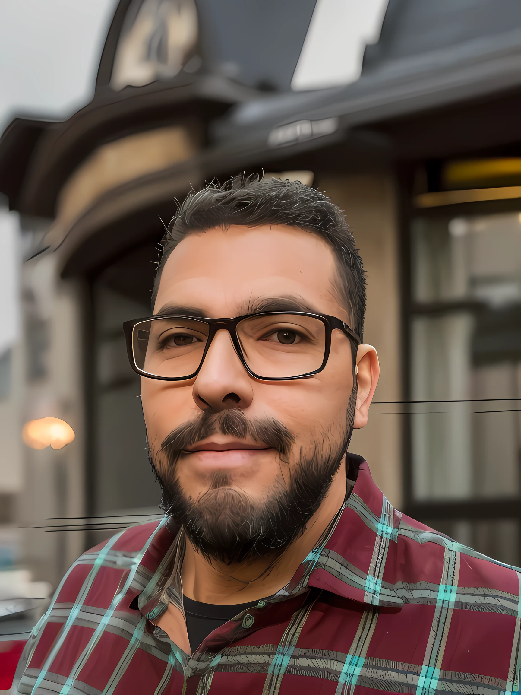 There is a man with glasses and a plaid shirt posing for a photo, with glasses and goatee, front photo, with nerd glasses and goatee, avatar image, David Rios Ferreira, Andres Rios, about 3 5 years, headshot profile picture, with a small beard, realistic photo, emad mustaque, with mustache, profile picture, realistic animation style,  Anime