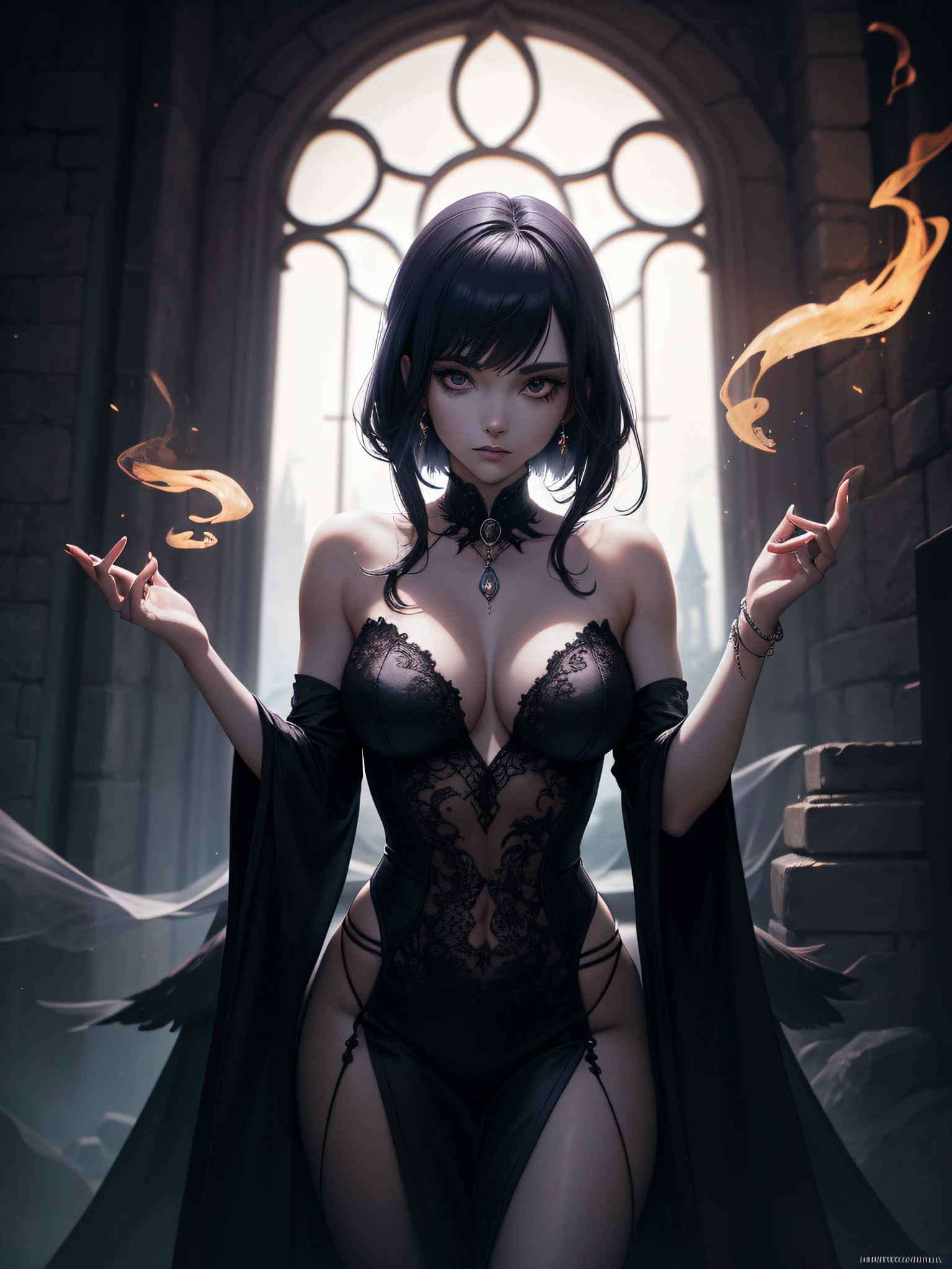 (Award Winning Digital Digital Artwork:1.3), (Masterpiece, Ultra-Detailed:1.3), scene where a beautiful magician harnesses the power of magic within a gloomy castle. Create an enchanting artwork that combines elements of mystique, darkness, and wonder. Position the magician as the central figure, radiating an aura of both beauty and mystery. Depict her with flowing robes adorned with intricate patterns and symbols, signifying her mastery of the arcane arts. Emphasize her elegance and confidence as she channels her magical abilities. Set the scene within the depths of a gloomy castle, with ancient stone walls and dimly lit corridors. Use a muted color palette, incorporating deep blues, purples, and hints of fiery reds to evoke an otherworldly ambiance. Enhance the sense of foreboding by adding subtle details like cobwebs, shadows, and flickering torches. Surround the magician with elements that hint at the magical forces she commands. Illustrate wisps of smoke and swirling flames that dance at her fingertips, illuminating her face with a mesmerizing glow. Incorporate crows perched on nearby ledges, symbolizing a connection to the mystical and the mysterious. Incorporate spiders in the scene, weaving their intricate webs within the castle's corners. Render their delicate yet eerie presence to add a touch of macabre and reinforce the atmosphere of magic and darkness. These details will heighten the sense of mystique and captivate viewers. Play with contrasts of light and shadow to create depth and drama. Utilize the flickering light from torches or the glow of magical fire to cast eerie shadows across the room. This interplay between light and darkness will enhance the overall atmosphere of the artwork. The beautiful magician within the gloomy castle, surrounded by crows, spiders, fire, and smoke, will evoke a sense of magic and mystery, inviting viewers to explore the depths of her mystical realm
