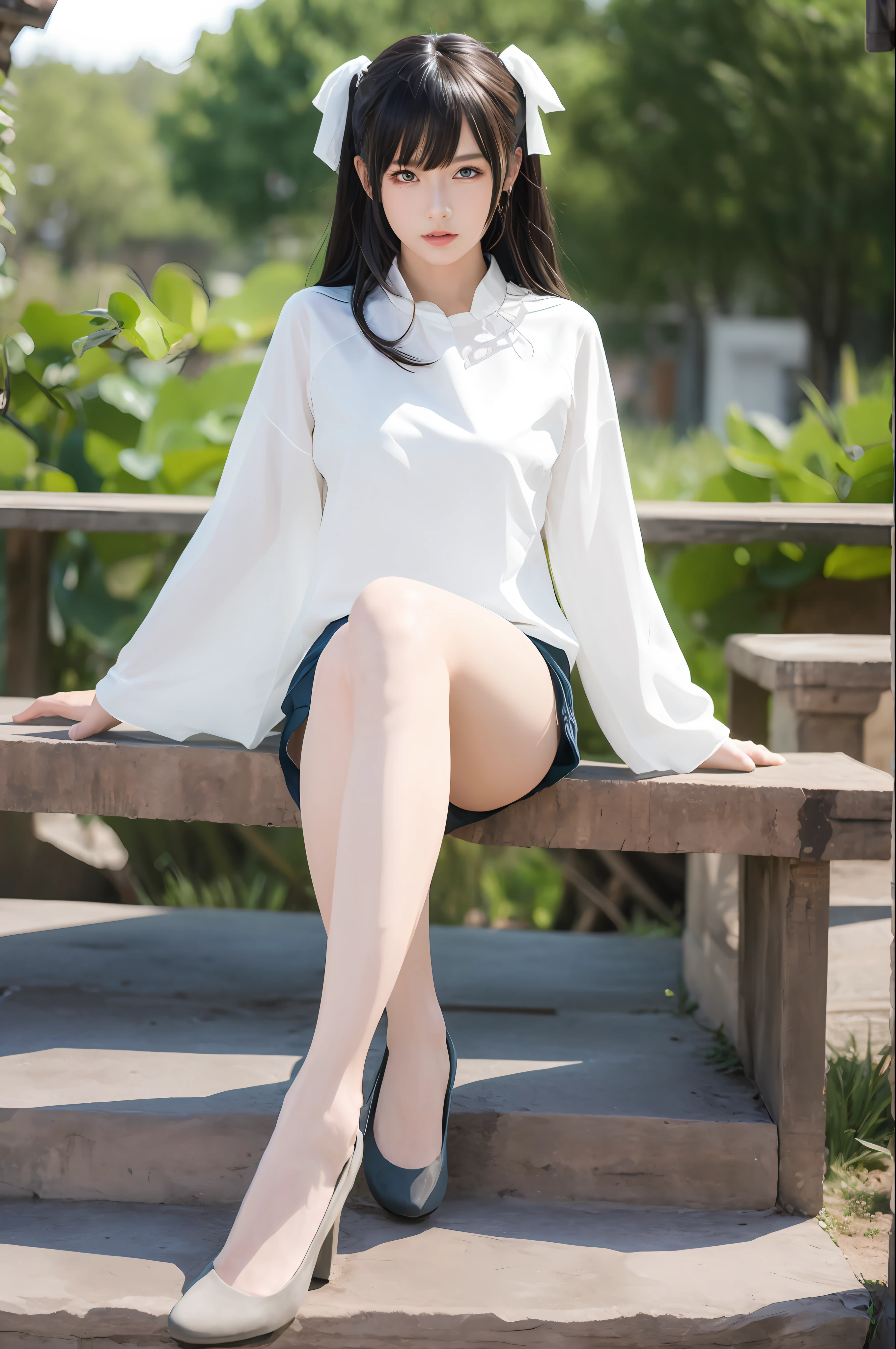 Best quality, masterpiece, illustration, very, very beautiful legs, slender beautiful legs, long legs, full body portrait, panorama, whole body, white clothes, transparent clothes, model figure, model proportions, perfect proportions, very, very beautiful legs, an extremely delicate and beautiful, very detailed, CG, unity, 8k wallpaper, amazing, fine details, masterpiece, best quality, official art, very detailed CG Unity 8k wallpaper, ridiculous, incredibly ridiculous, Huge file size, super detailed, high resolution, very detailed, beautiful detailed girl, extremely detailed eyes and face, beautiful detail eyes, light on face, movie lighting, 1 girl, looking at the audience, outdoors, Audrey, show behind Bo Audai, masterpiece, ultra-realistic, 32k, extremely detailed CG Unity 8k wallpaper, best quality