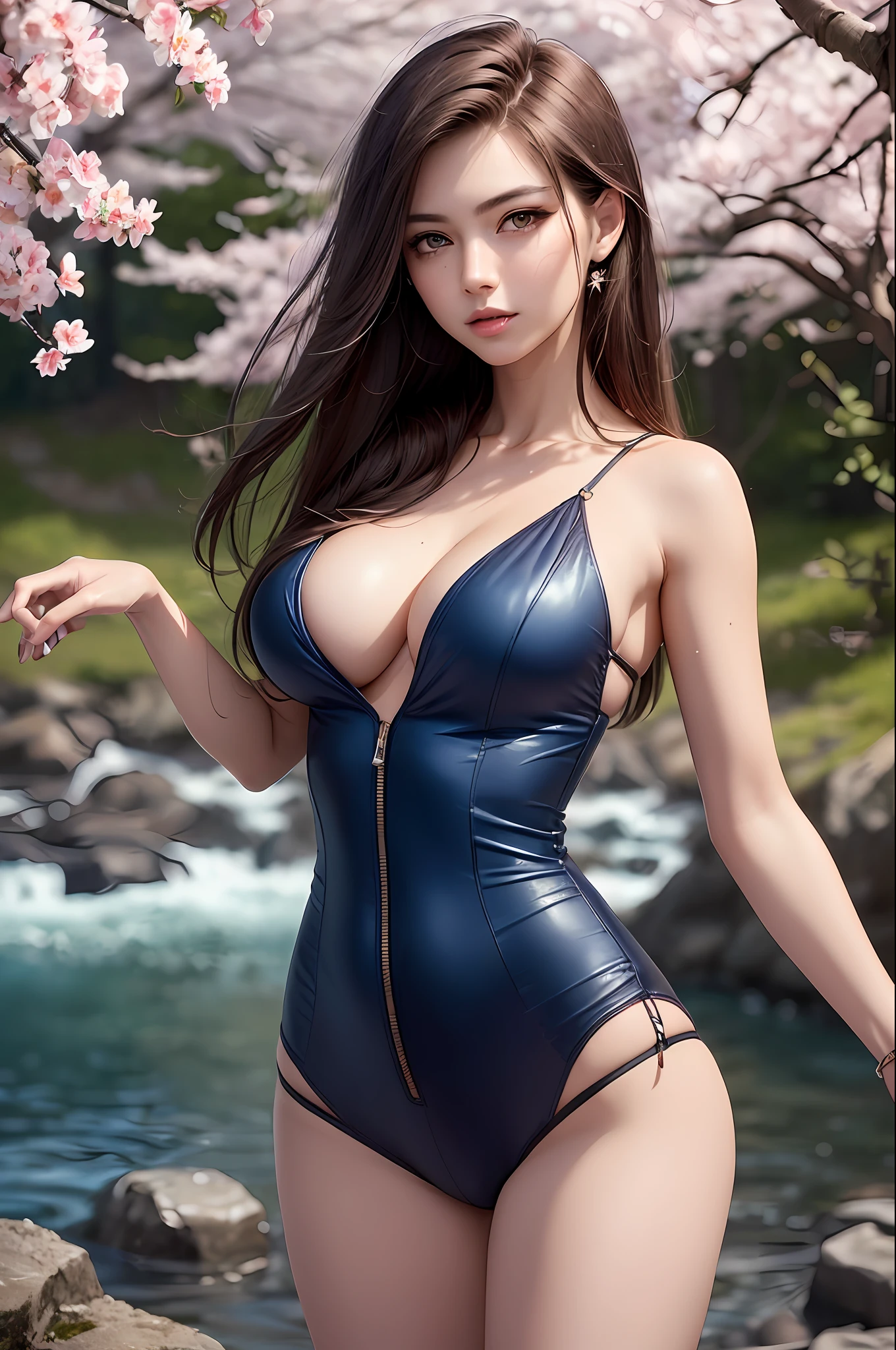 high quality fingers, normal hands, detailed fingers, masterpiece, (realistic, photo-realistic: 1.37), (22-year-old woman), katarina from League of Legends, medium chest, small waist, dark red hair, blue eyes, beautiful face, perfect lighting, beautiful detailed eyes, looking at the viewer, incredibly beautiful woman, detailed hairstyle, detailed background, shorts, detailed fantasy background, (sweat: 1)(best quality),  oriental detailed background, (masterpiece), (best quality), girl, ((ultra-detailed)), (highly detailed CG illustration), (no expression), (best quality: 1.2), masterpiece, realistic8K UHD, high definition, (1girl: 1.2), high quality texture, intricate details, detailed texture, finely detailed, high detail, extremely detailed cg, high quality shadow, a realistic representation of the face, beautiful detailed delicate face, detailed beautiful delicate eyes,  a face of perfect proportion, depth of field, cinematic light, lens flare, ray tracing, perspective, hyper breasts: 1.9), (sagging breasts: 1.6), (high_quality), [nsfw], distinct_image, high_resolution, (full body: 1.4), [[dynamic angle]], dynamic pose, (lustrous skin), solo focus, (pubic hair), (finely detailed beautiful eyes and detailed face: 1.4), arm behind the back, (detailed face),  (striated hair), light source contrast, lens flare, buzzcut, hair_over_one_eye, wilted look, long hair, pa, masterpiece: 1.7, (high_quality dress and innerware), solo focus,[[colored_innerwear]], (full body: 1.3), [[dynamic angle]], dynamic pose, (pubic hair), (finely detailed beautiful eyes and detailed face: 1.2), beautiful, beautiful detailed eyes, (striated hair), hair_over_one_eye:1.1,  (detailed background) , wide shot, pastel, a girl, forest, spring \ (season\), cherry blossoms, wind, leaf, river, stone, brightness, bright ,