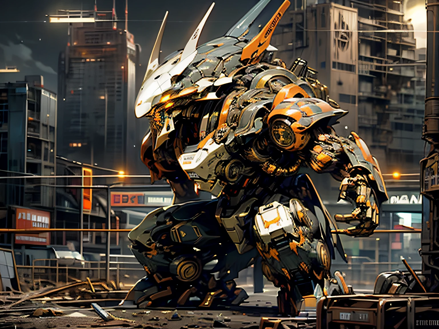 On the moon,barren planets, ruins, holding_weapon, no_humans, glowing, robot, building, glowing_eyes,orange mecha, science_fiction, city, realistic,mecha,Milky Way Galaxy background,neon,cyberpunk,steampunk