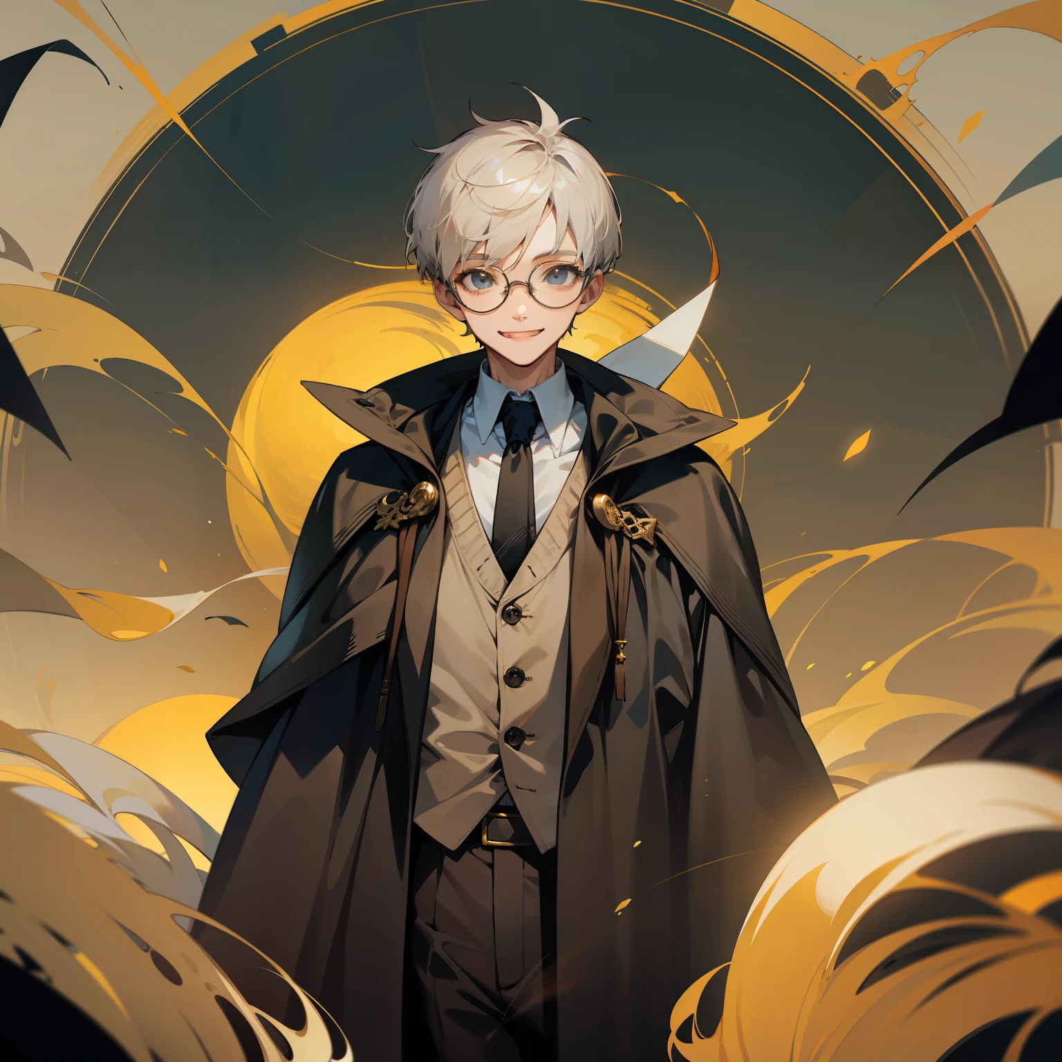 a man with short grey hair and gold-rimmed glasses. Wears a black cloak with a white button-up shirt and a tie underneath. Has a grin