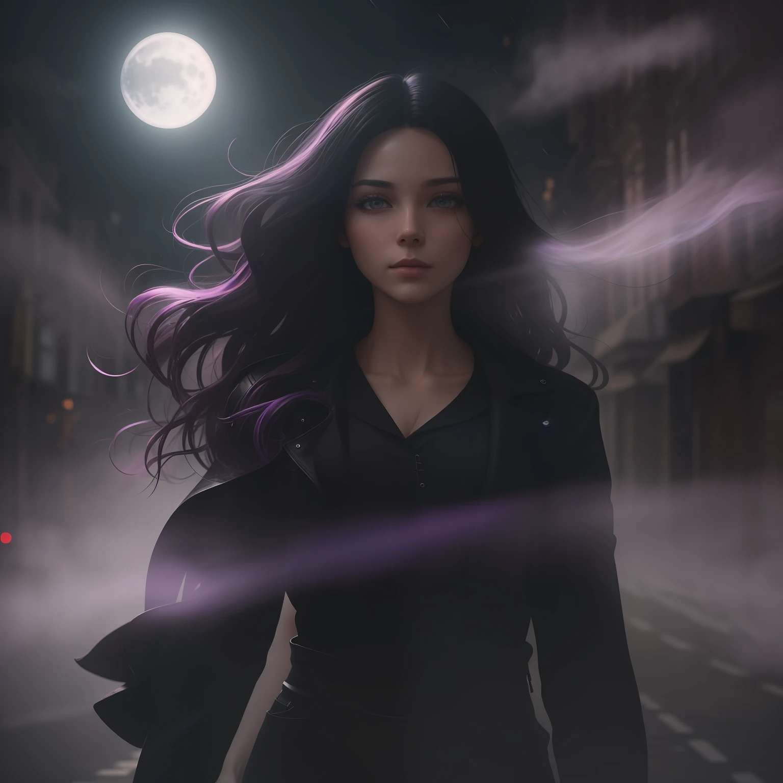 Woman walking head-on down a road at night, with fog and shadows, wavy and long black hair, detailed hand and fingers, high quality, ultra-detailed, 8k, masterpiece, (volumetric lighting), black magic, fanciful, lilac colors, purple, black and vivid shadows on the woman's return. --auto --s2