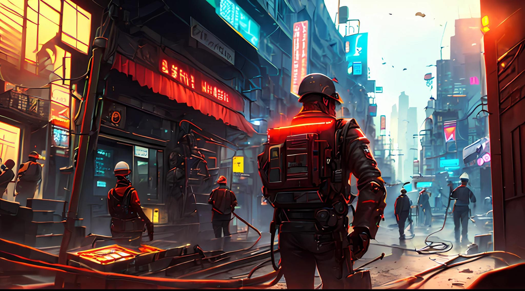 worker watches from a distance while other workers install optical fibers for an internet provider,((cyborgs:1.0)), uniform ((dark red)), red details, the environment is very technological, the year is 2060, (extremely detailed: 1.2), (intricate neon slums in the background:1.1), hyper-detailed, (soft lighting: 1.2), high resolution