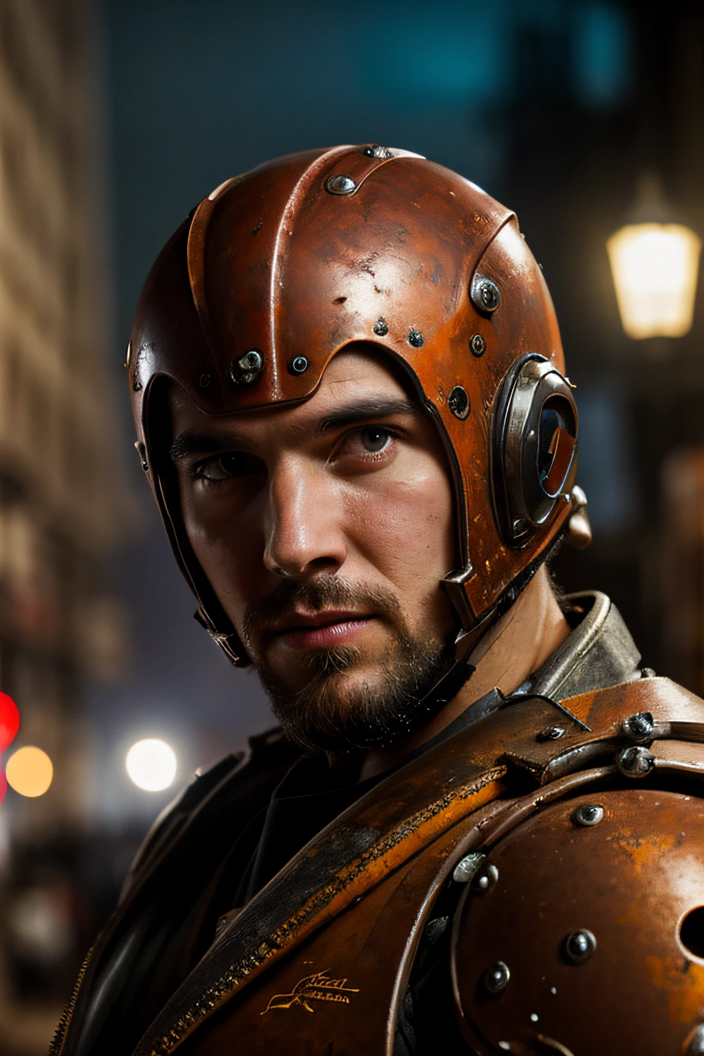 Portrait photo of muscular bearded guy in a worn mech suit, ((light bokeh)), intricate, (steel metal [rust]), elegant, sharp focus, photo by greg rutkowski, soft lighting, vibrant colors, (masterpiece), ((streets)), (detailed face:1.1), eye iris