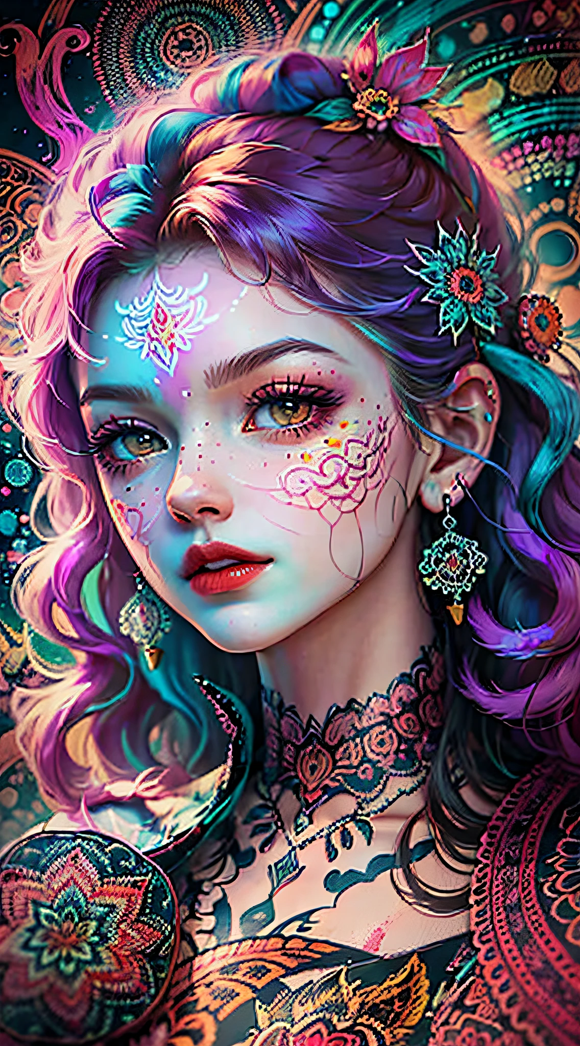 full woman body, saturated colors, psychedelic image, LSD, mandala, fractral, fantasy, tattoo, painted body