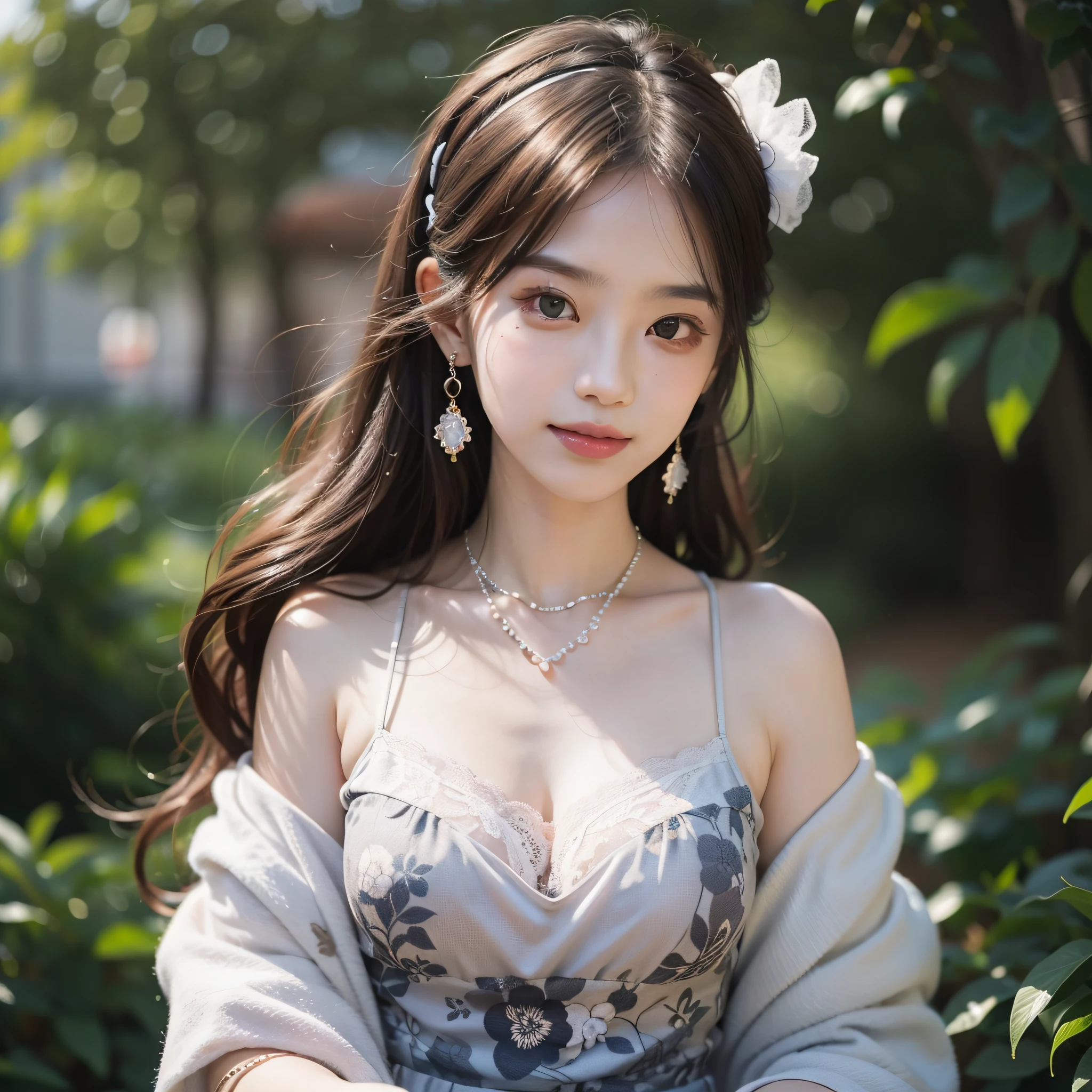 ((Best Quality, 8K, Masterpiece: 1.3)), 1girl, 1 girl, blush, (seductive smile: 0.8),, hair accessory, necklace, jia, tyndall effect, realistic, light edge, two-tone lighting, park, garden, 8K ultra hd, DSLR, high quality, volumetric lighting, voyeur, photo, high resolution, 4k, 8k, background bokeh, gorgeous clothes, earrings, 35mm, high detail hair, upper body, bust, portrait, ultra-clear face, slender beauty, (long hairstyle casual, :1.2), Gorgeous dress: 1.1, Super fine face, Delicate eyes, Double eyelids, black and white mixed clothes, necklaces, earrings, (dresses, shirts,) light and shadow, high detail light and shadow, lace edges, Genshin, (Kamisato Ayaka, walnut, Ganyu)
