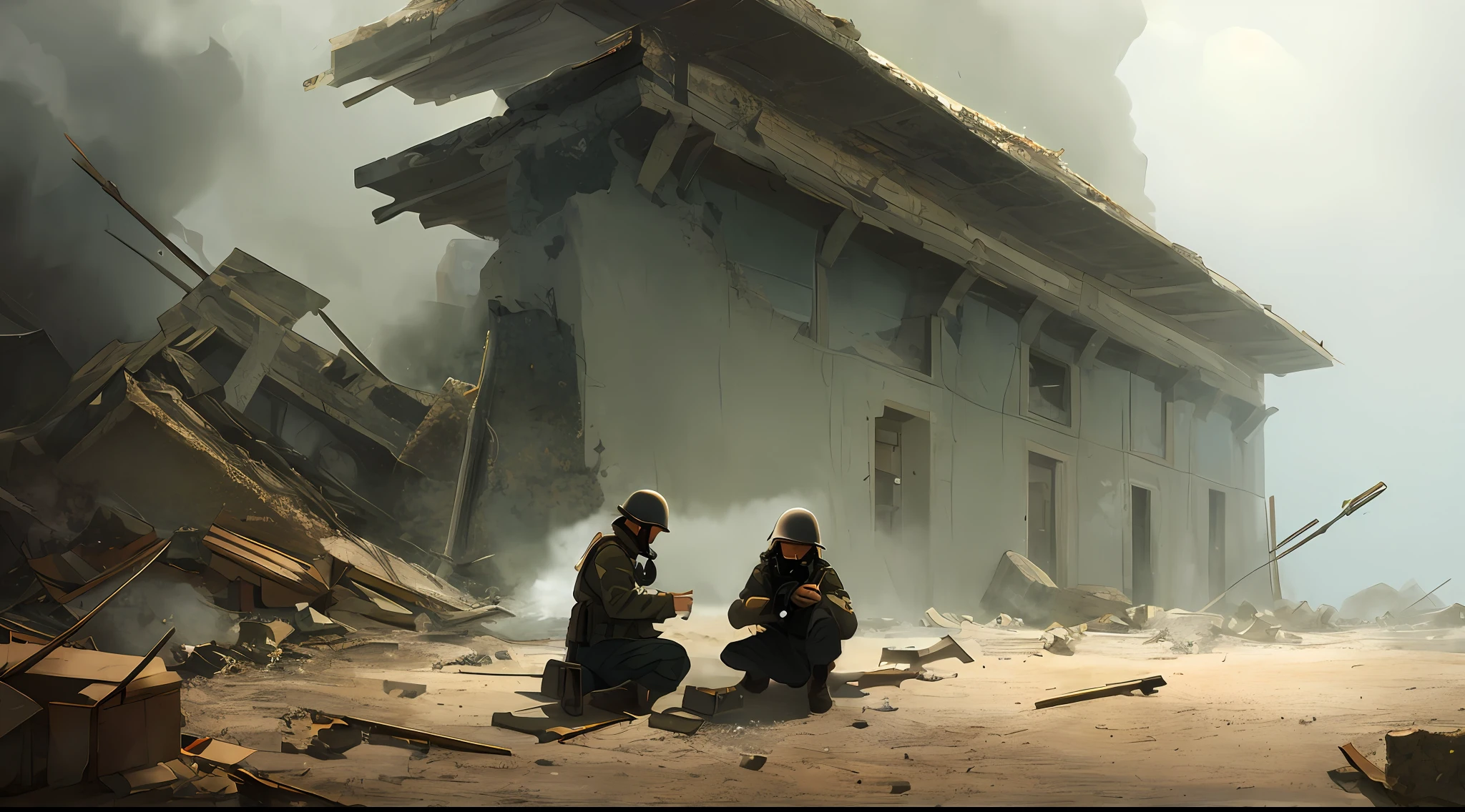 Detailed illustration and perfect realistic style, old man, long and unkempt hair, white cabolos, long beard. Sitting on the ground with his knees, military soldier in uniform in a World War II-style outfit, with a gas mask, offering a calise to the man, man denying with his hand angle sideways, backlit, very sad expression, using brown bombs, reverie, mysterious background shrouded in dramatic and fantastic mist, brown cracked wall in the vicinity,  large rubble scattered around, dramatic lighting Makoto Shinkai