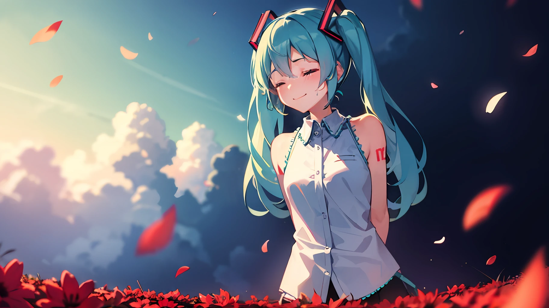 masterpiece, best quality, detailed, 1girl, hatsune miku, red flower, hair flower, petals, closed eyes, crying, smile, closed mouth, solo, clouds, ((arms behind back)), upper body,