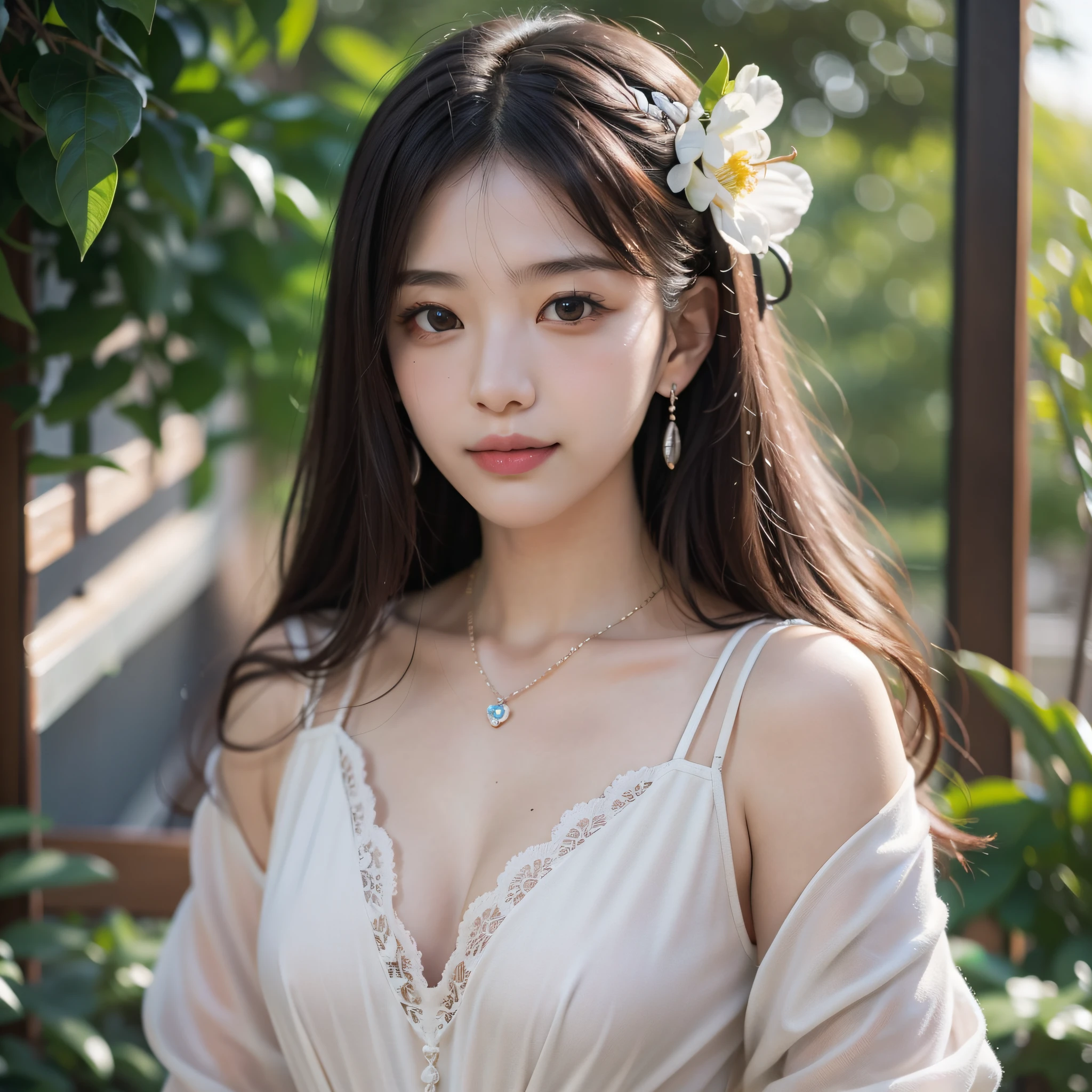 ((Best Quality, 8K, Masterpiece: 1.3)), 1girl, 1 girl, blush, (seductive smile: 0.8),, hair accessory, necklace, jia, tyndall effect, realistic, light edge, two-tone lighting, park, garden, 8K ultra hd, DSLR, high quality, volumetric lighting, voyeur, photo, high resolution, 4k, 8k, background bokeh, gorgeous clothes, earrings, 35mm, high detail hair, upper body, bust, portrait, ultra-clear face, slender beauty, (long hairstyle casual, :1.2), Gorgeous dress: 1.1, Super fine face, Delicate eyes, Double eyelids, black and white mixed clothes, necklaces, earrings, (dresses, shirts,) light and shadow, high detail light and shadow, lace edges, Genshin, (Kamisato Ayaka, walnut, Ganyu)