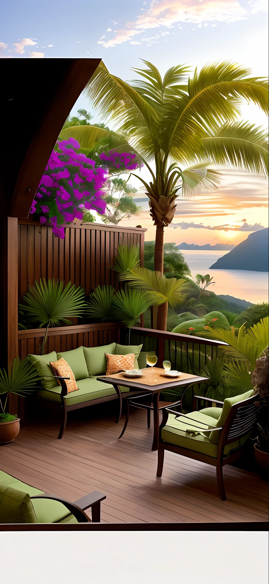 there is a picture of a patio with a couch and table, beautiful scenic view, beautiful detailed scene, beautiful terrace, detailed scenic view, very beautiful scenery, balcony, paradise in the background, beautiful place, scenic colorful environment, beautiful scenery, beautiful rendered, quiet and serene atmosphere, detailed scenery, vibrant setting, tropical setting, stunning nature in background