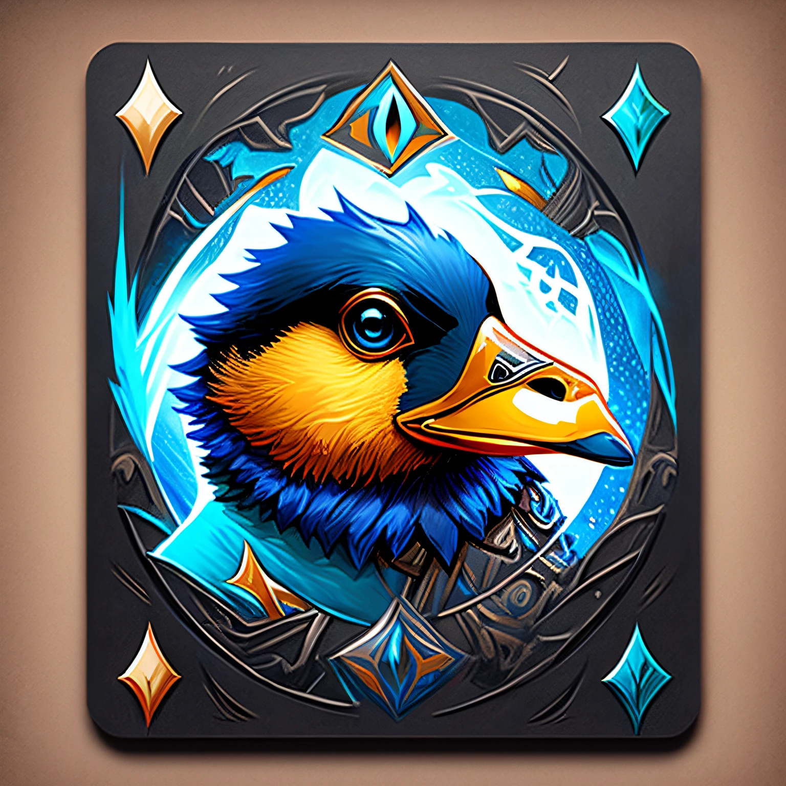 um close up de um gráfico azul e preto de um pato de óculos escuro,  Design for Magic the Gathering, Magic the Gathering Artstyle, Official Art, Official Artwork, Magic the Gathering Art Style --auto
