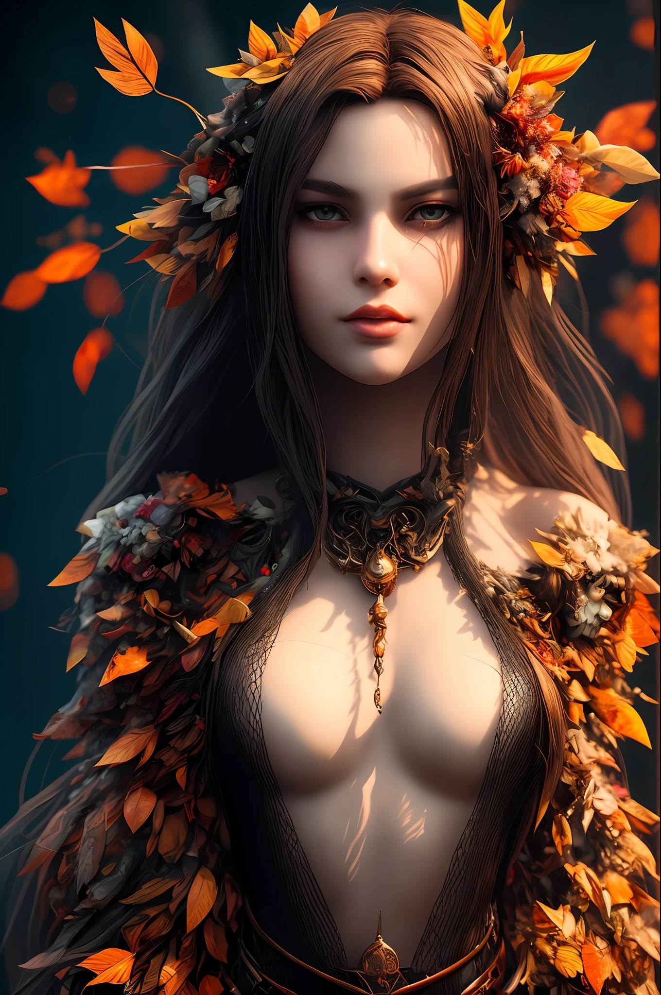 Imagine that the skin of this creature girl looks like it was made of a fishing net, with leaves and flowers growing on her body. Digital Epic Fantasy, Symmetrical Concept Art, Sinister Fantasy Illustration, Symmetrical Epic Fantasy Art, Epic Fantasy Science Fiction Illustration, Epic Fantasy Art Style, Epic Anime Art, Symmetrical Fantasy RPG Portrait, Anton Fadeev and Dan Mumford, (Masterpiece, Top Quality, Best Quality, Official Art, Beauty and Aesthetics: 1.2), Extreme Detail, (Fractal Art: 1.3), Colorful, Most Detailed, Full Body Pose, Cute Surrealist Photo, 8 K, Octane Beautifully Rendered, Very detailed, intricate, epic composition, cinematic lighting, masterpiece, art station trend, very, very detailed, stunning, HDR, smooth, sharp focus, high resolution, award-winning, award-winning photo, DSLR, 5 0 mm