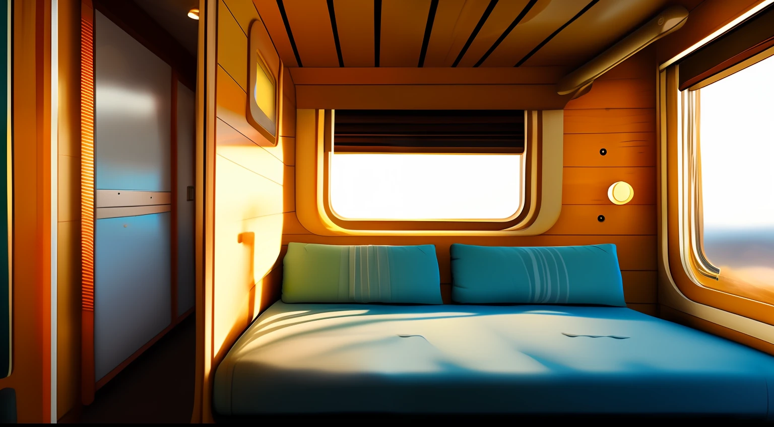 natural lighted background, inside a travel train, inside a cabin. ultra realistic in detail, front camera. showing objects from the environment. --auto