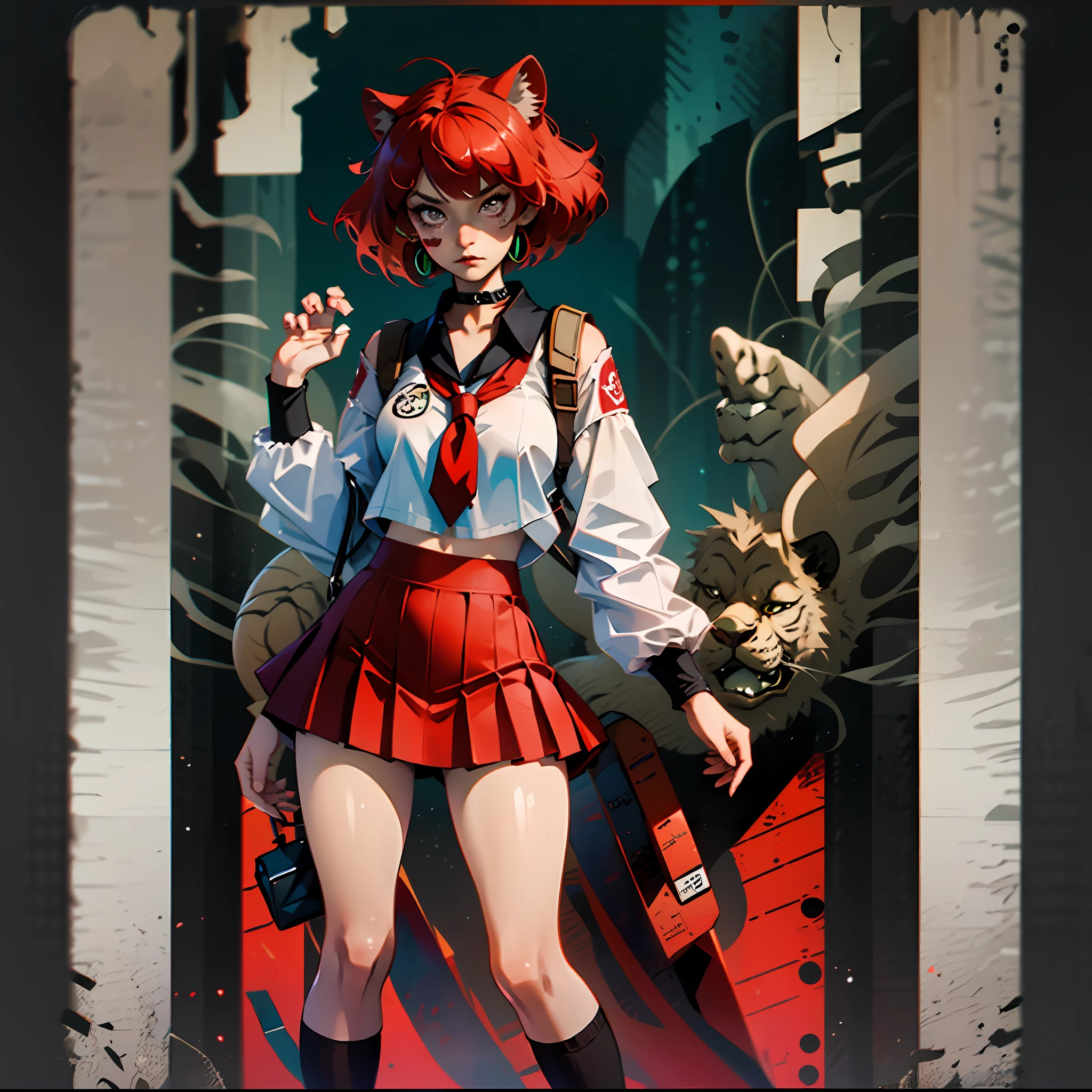 A girl, red hair, short hair, lion ears, full body, medium breasts, small hips, slender legs, schoolgirl clothes, black lips, mischievous expression, a heart tattoo on the cheek, Anime, 2D, high quality, --auto