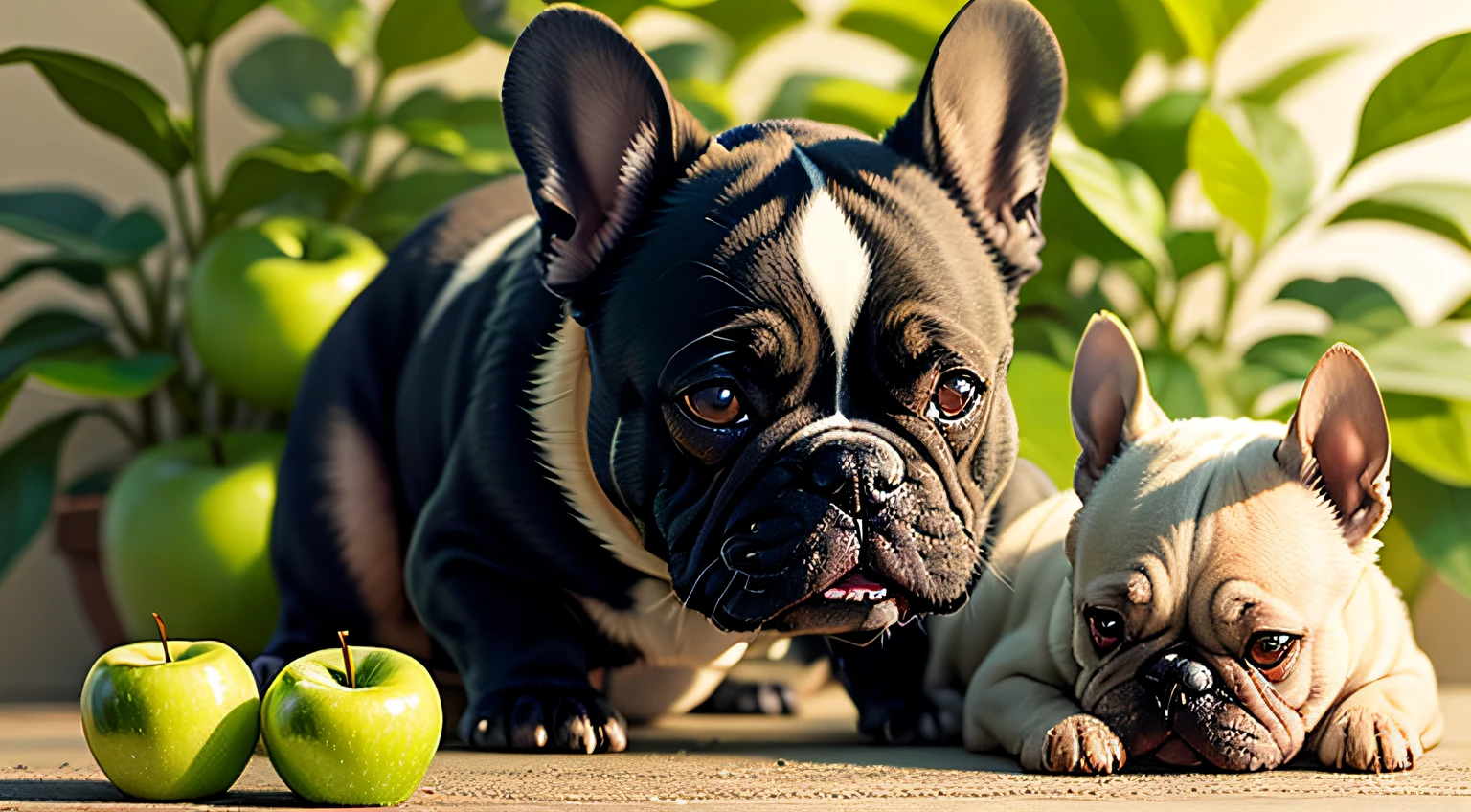 A green apple and flowers In the background, a French bulldog crawls on an apple and smells a butterfly --auto