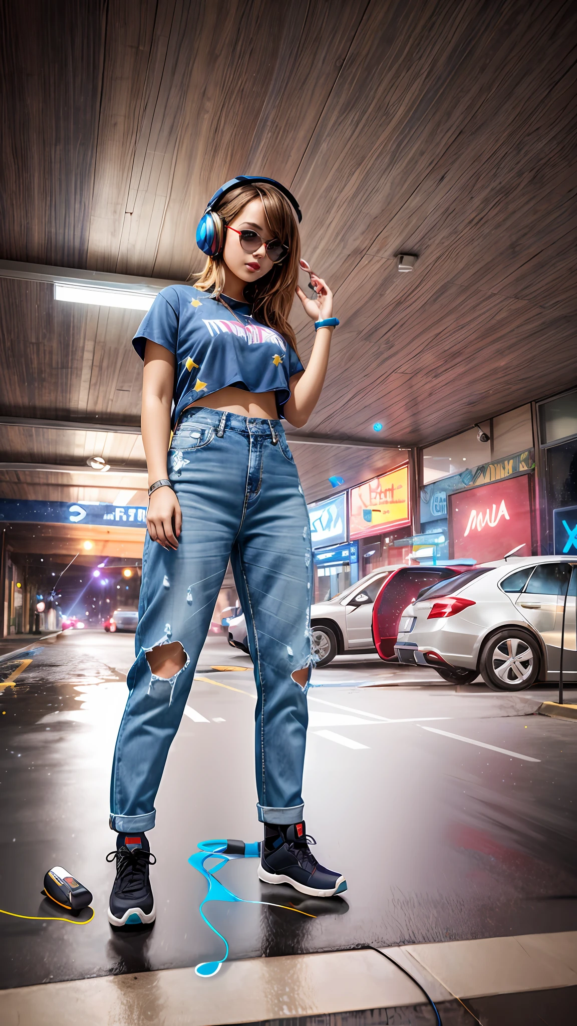 jane_noexist, 1girl, player, headphones, jeans,, stars, complex background, street, volumetric graffiti, dramatic lighting, lens flare, photorealistic, masterpiece, best quality