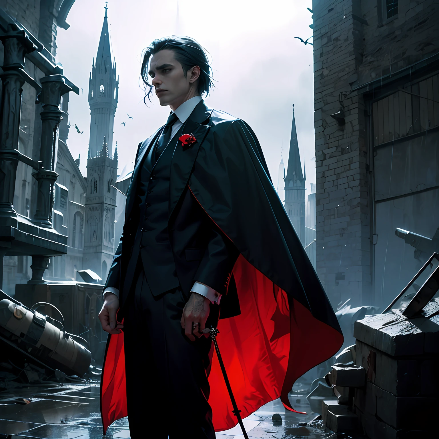 Vampire holding a crucifix in a suit cape and tie waiting to attack his victim, on a rainy night with little light in his castle and realistic --auto