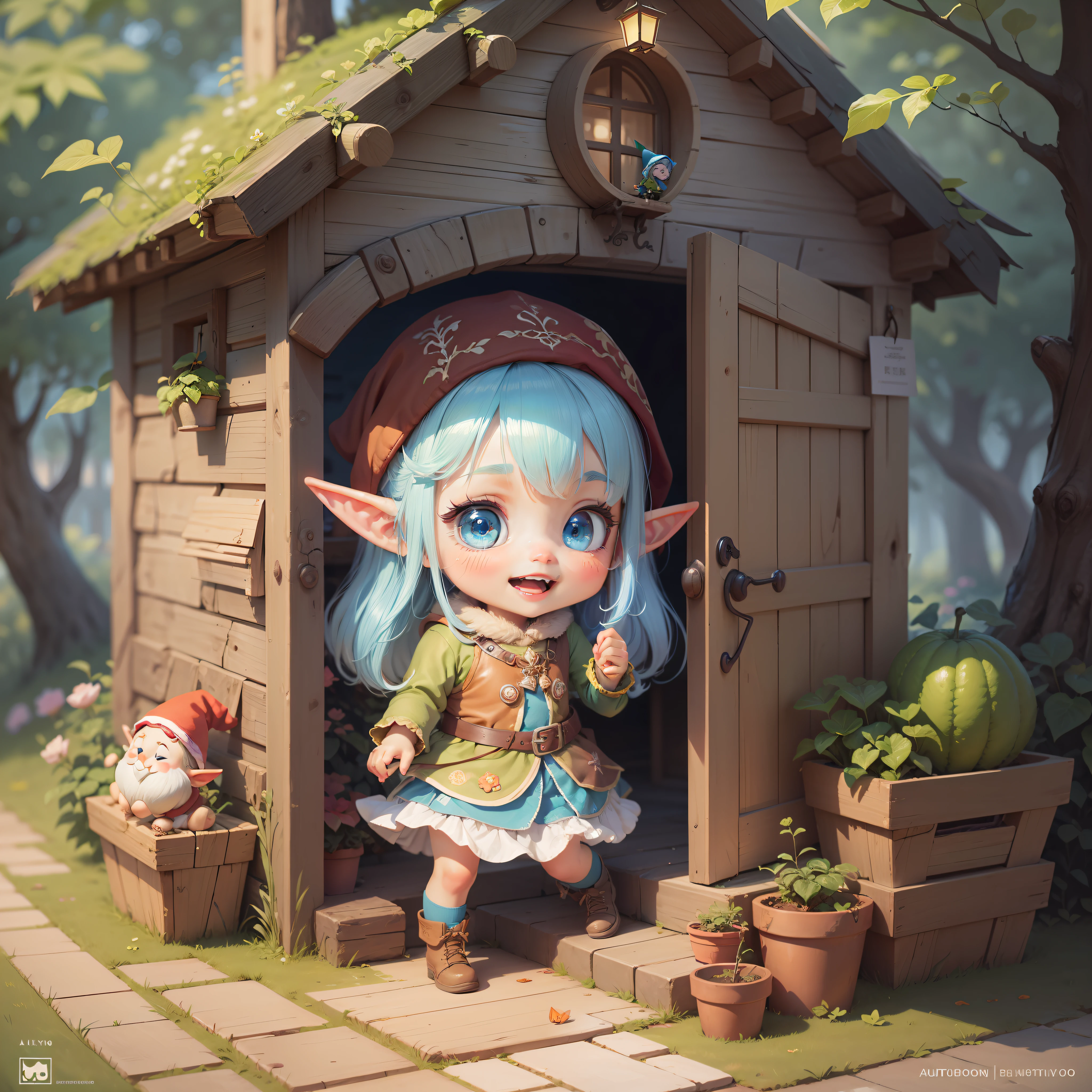 A scene with medium range: on the left there is Melvin ,a cute gnome, that is slipping on the steps of his cute house. On the right of the scene there is Lilly hidden behind the bush , little elf girl 6 year's old with big and sweet blue eyes, long blue hair, cute face, adorable digital painting, portrait of very beautiful elf, cute detailed digital art, with a sly look and a very mischievous expression, that is laughing . --auto --s2