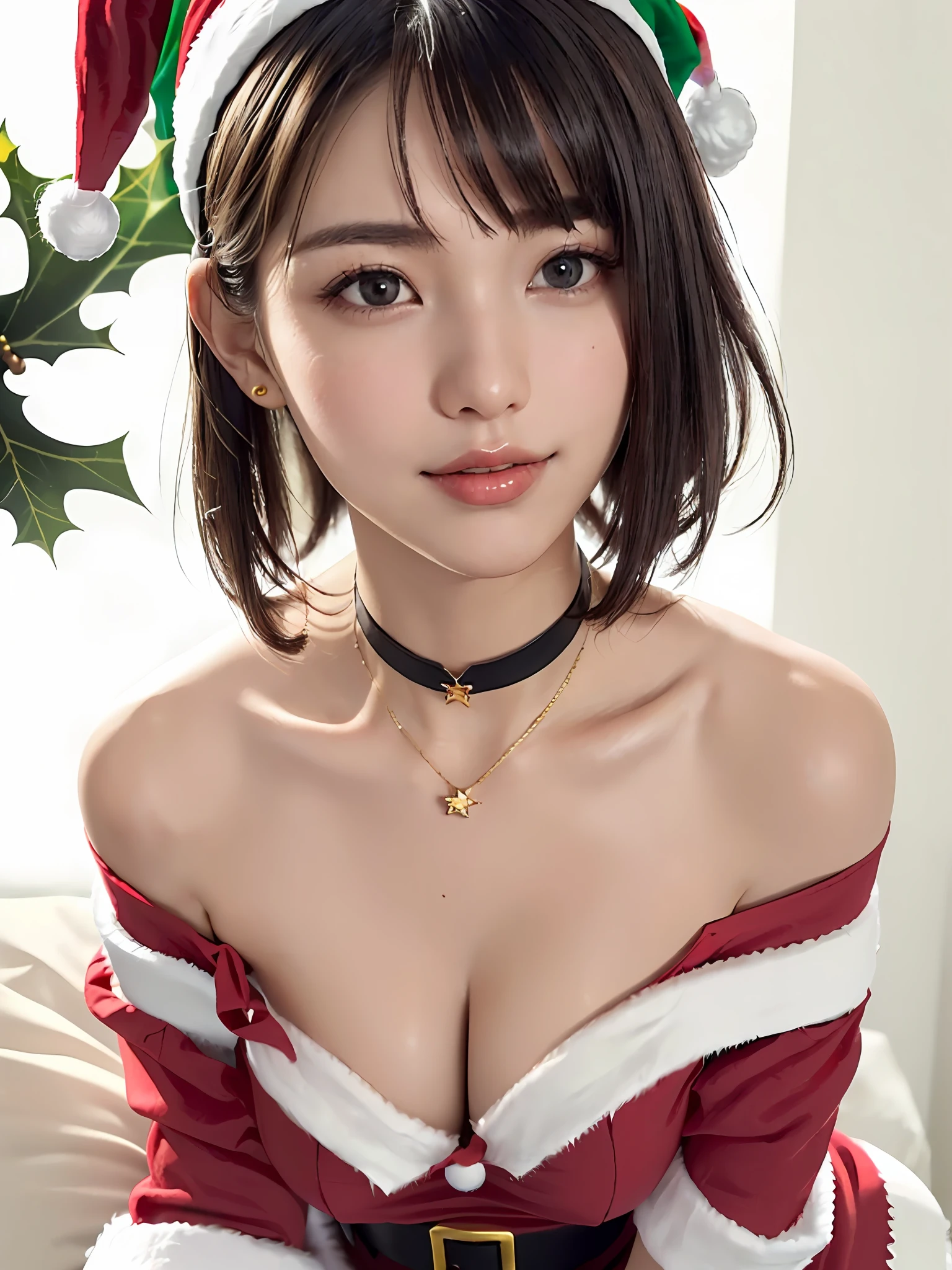 (Close-up: 1.4), (((Look up at the camera from above, look up with only eyes, look up at the camera)) (RAW Photo: 1.2), (Photorealistic: 1.4), (Masterpiece: 1.3), (Best Quality: 1.4), Dreamy, (Detailed Eyes), (Detailed Facial Features), ((Detailed Clothes), (Close-up: 1.4), (Staring at the camera from above, Looking up at the camera, Look up with just eyes, look up at the camera)) (RAW Photos: 1.2), (Photorealistic: 1.4), (Masterpieces: 1.3), (Best Quality: 1.4), Dreamy, (Detailed Eyes), (Detailed Facial Features), (Detailed Clothing Features), Skin Tightness, (Slightly Shiny Skin), (Slender Girls), (Slim Girls), One Girl, (Full Body), (Solo), Cute, ( chest), bangs, bangs, straight hair, shiny beautiful black hair, pale black eyes, crystal pendant, (best quality, 8k, 32k, masterpiece, UHD: 1.2), pictures of women with cute Japan, Solo, girl 1, (big breasts), (tall woman), (abs), (lips), mouth closed, firm double eyelids, wet skin, Only one very beautiful woman, very beautiful, gaze looking directly at the camera, golden ratio face, golden ratio body, perfect body, perfect face, perfect breasts, big looking directly at the camera, chest close, very beautiful breast, coquettish smile, very happy smile, big eyes, eye highlights, lip gloss, clear double eyelids, eyelashes, long neck, beautiful short hair, shiny dark black hair, bangs, thick bangs, slightly shiny skin, chest moles, Teardrop moles, pretty bangs, clean collarbones, clean snow-white background, sky background, crystal clear overwhelming charm, attractive natural light, 19 years old, choker, skin tightening, (slender girl), (slim girl), one girl, (full body), (solo), cute, (chest), bangs, bangs, straight hair, shiny beautiful black hair, pale black eyes, crystal pendant, ( Top Quality, 8k, 32k, Masterpiece, UHD: 1.2), Cute Japan Woman Pictures, Solo, One Girl, (Big Eyes), (Tall Women), Cute Pose, ((((Sleeveless, Off Shoulder, Santa Claus Costume, Santa Claus Hat, Anyway Cute Charming Woman)))