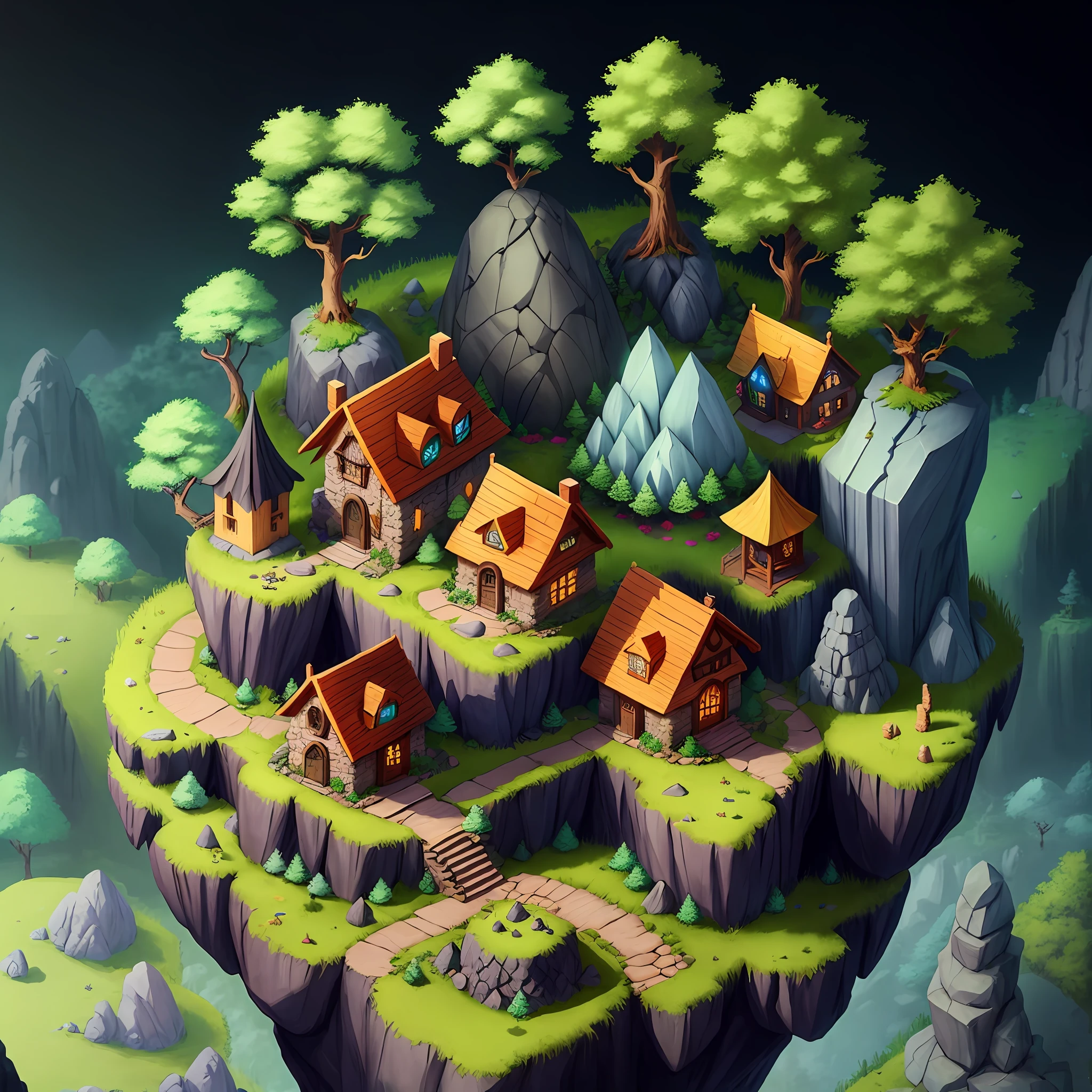 The whole village, a large rock that becomes a symbol in the back, an isometric house in the forest, fantasy colors, RPG style, cartoon, fantasy, details, game