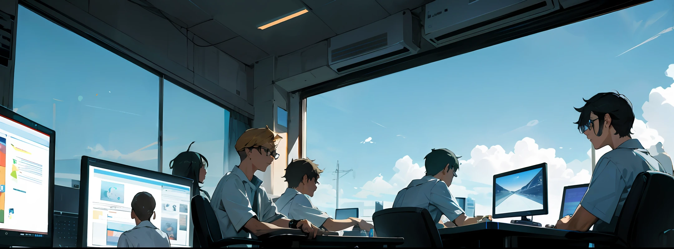 A squad of realistic nerds with computers in hand looking out at the horizon with computers in hand