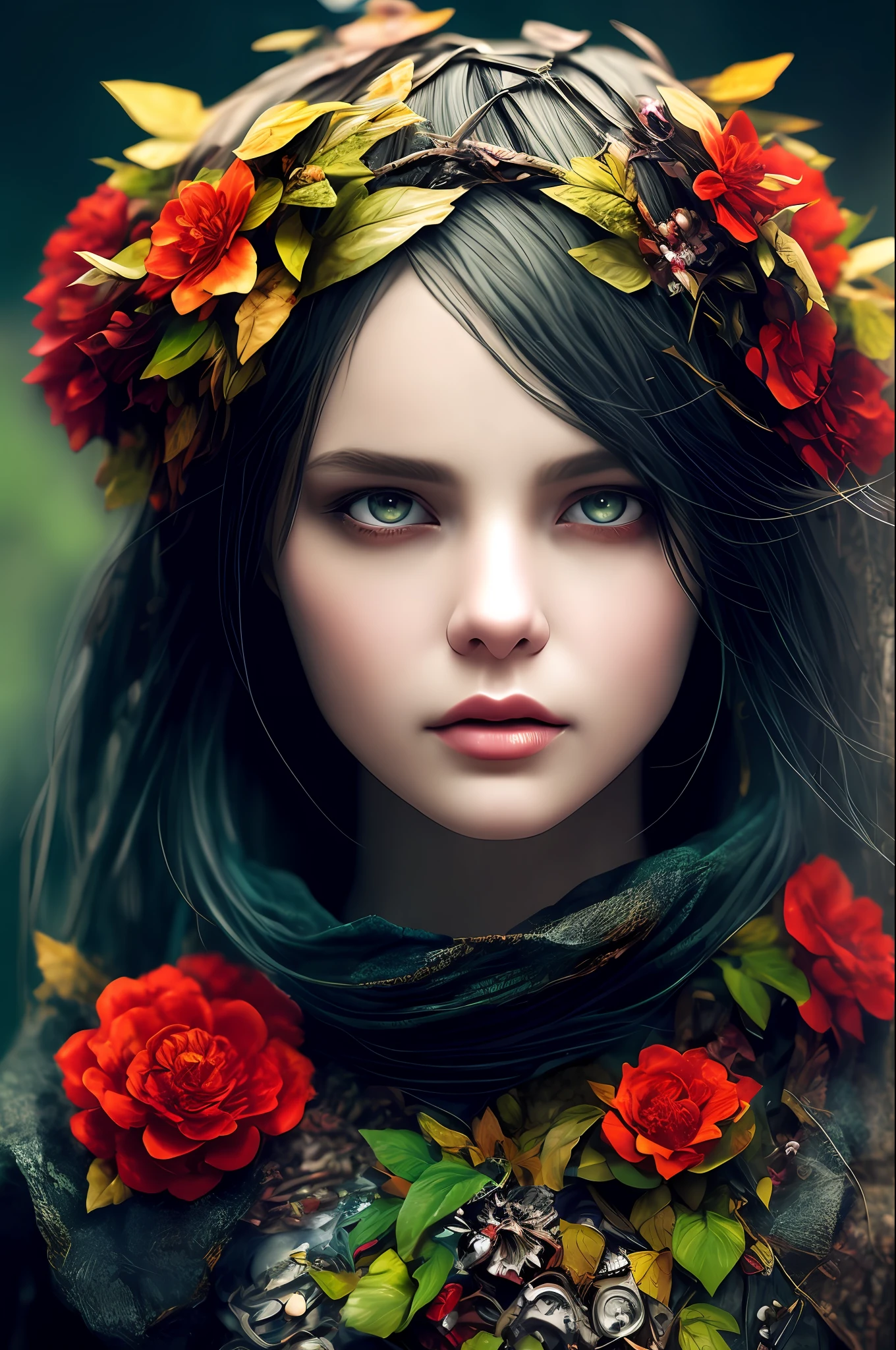 Imagine that the skin of this creature girl looks like it was made of a fishing net, with leaves and flowers growing on her body. Digital Epic Fantasy, Symmetrical Concept Art, Sinister Fantasy Illustration, Symmetrical Epic Fantasy Art, Epic Fantasy Science Fiction Illustration, Epic Fantasy Art Style, Epic Anime Art, Symmetrical Fantasy RPG Portrait, Anton Fadeev and Dan Mumford, (Masterpiece, Top Quality, Best Quality, Official Art, Beauty and Aesthetics: 1.2), Extreme Detail, (Fractal Art: 1.3), Colorful, Most Detailed, Full Body Pose, Cute Surrealist Photo, 8 K, Octane Beautifully Rendered, Very detailed, intricate, epic composition, cinematic lighting, masterpiece, art station trend, very, very detailed, stunning, HDR, smooth, sharp focus, high resolution, award-winning, award-winning photo, DSLR, 5 0 mm